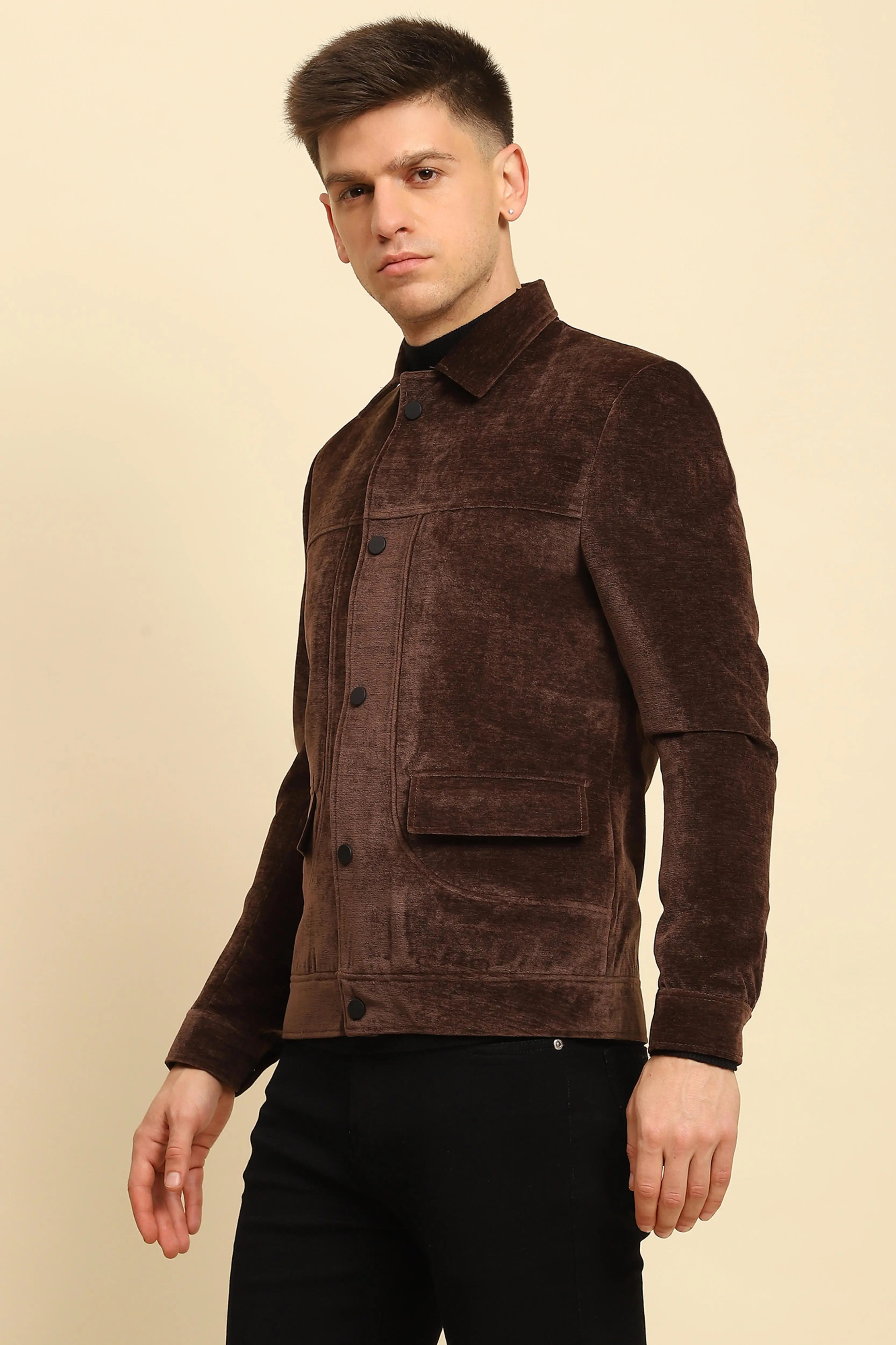 Brown Velvet Solid Jacket - Global Republic