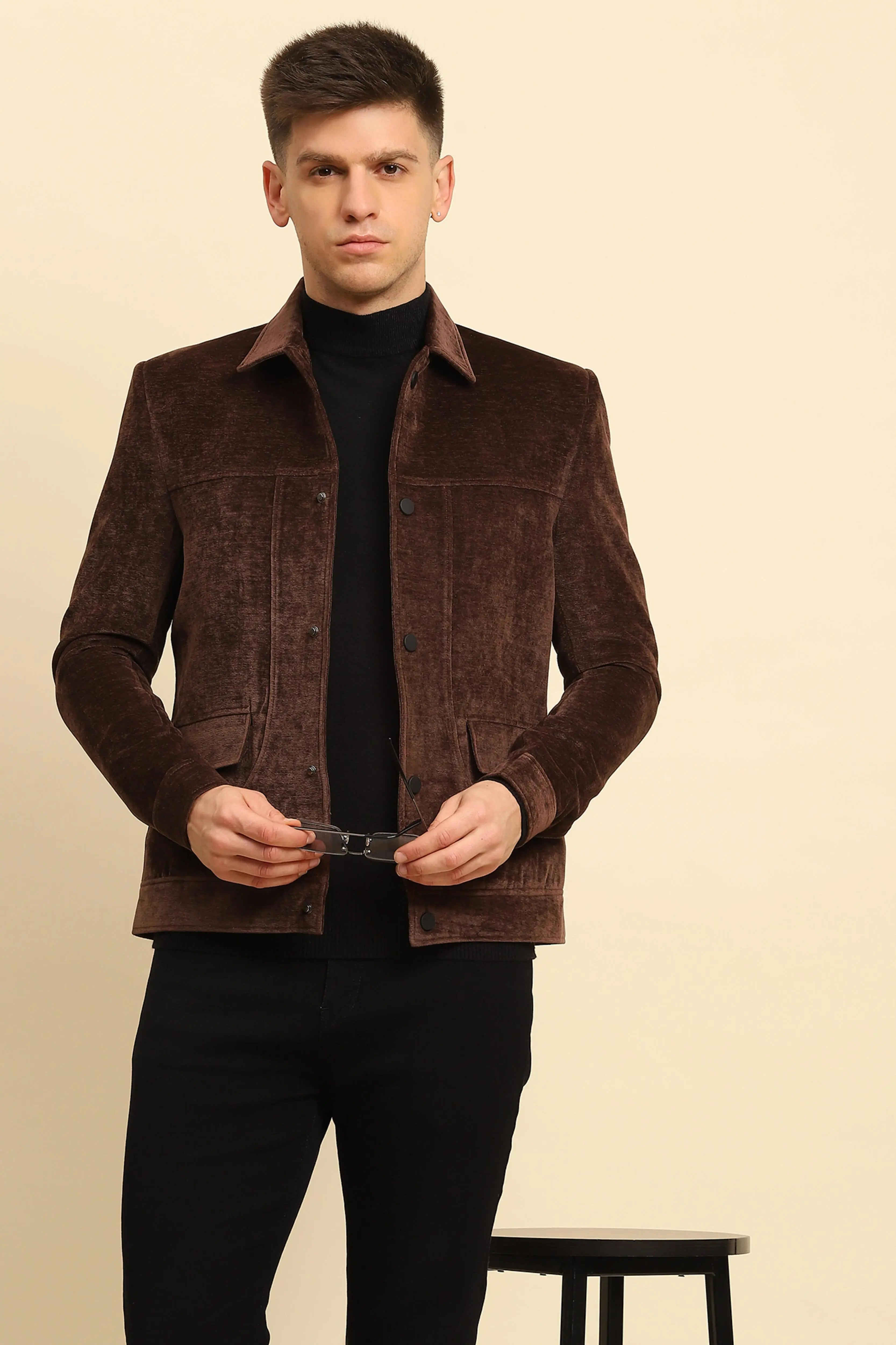 Brown Velvet Solid Jacket - Global Republic