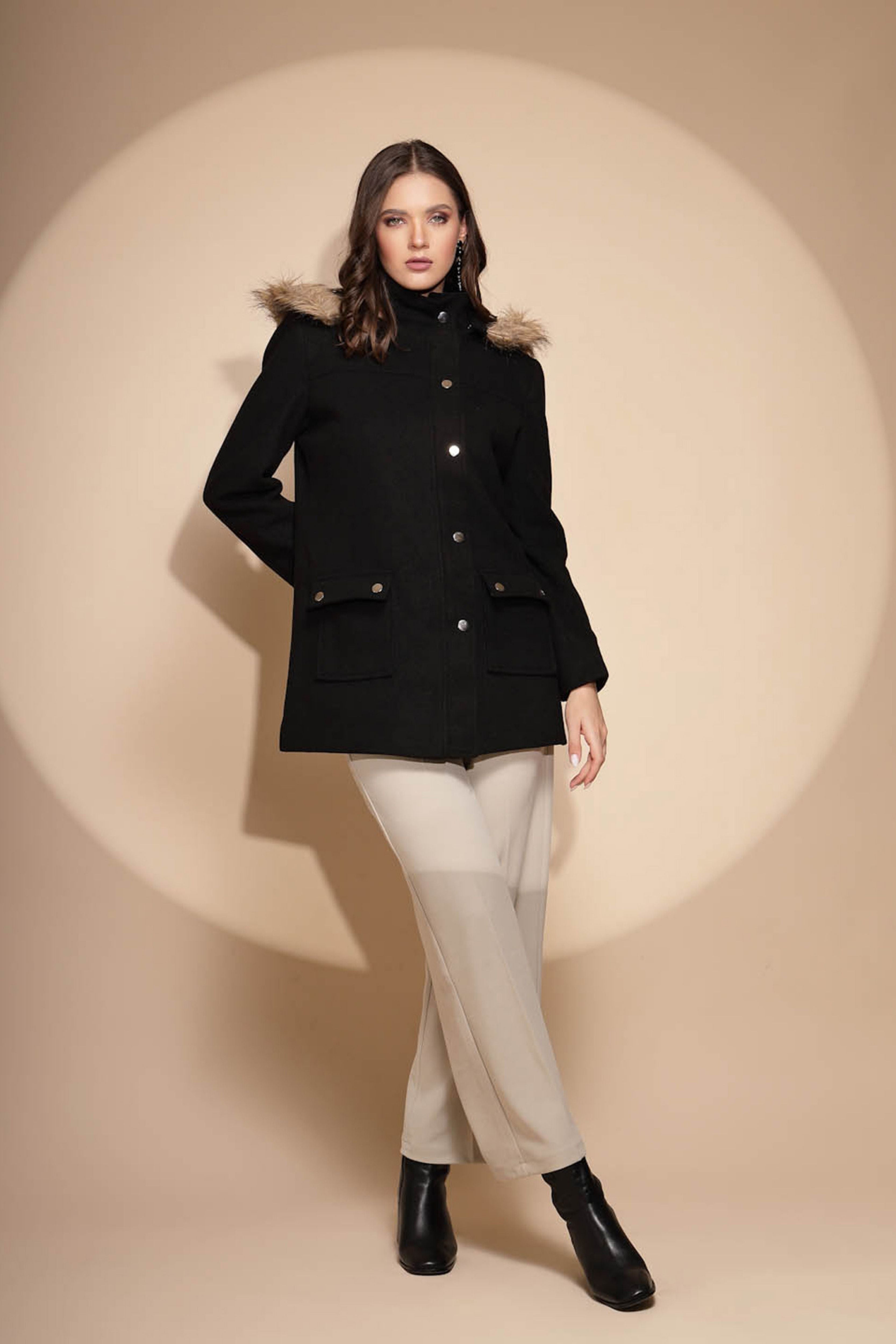 Black Solid Hooded Coat