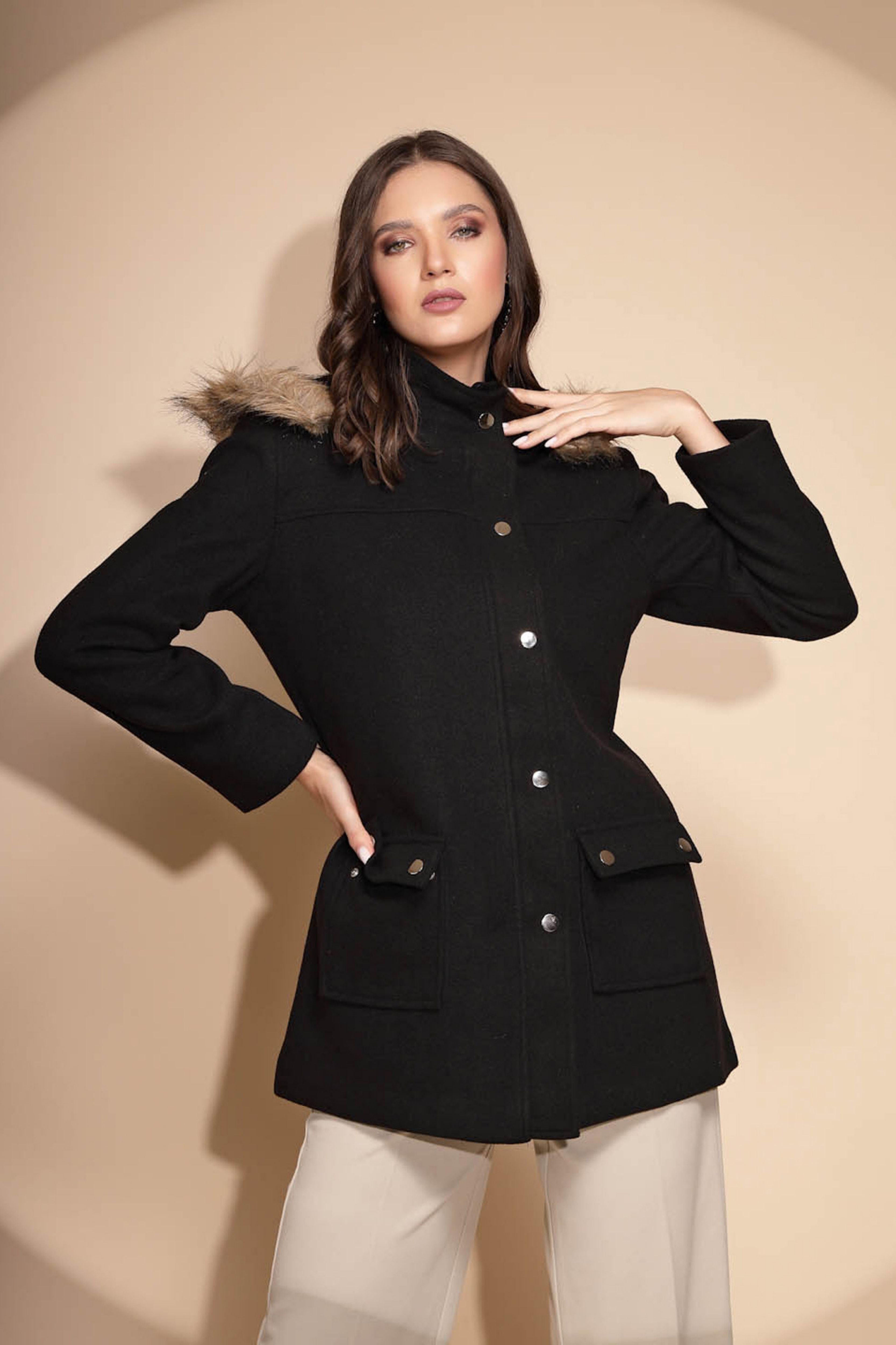 Black Solid Hooded Coat