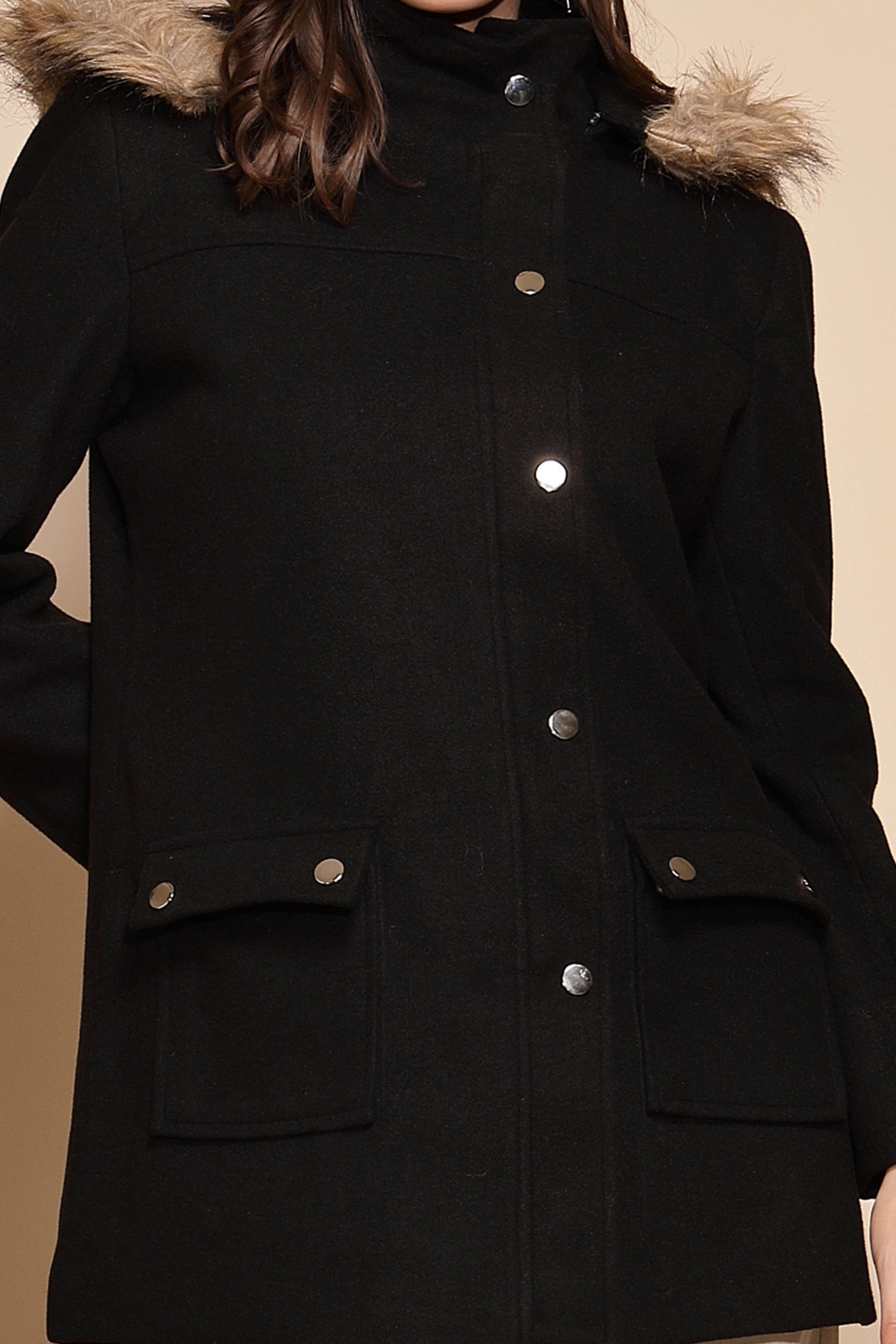 Black Solid Hooded Coat