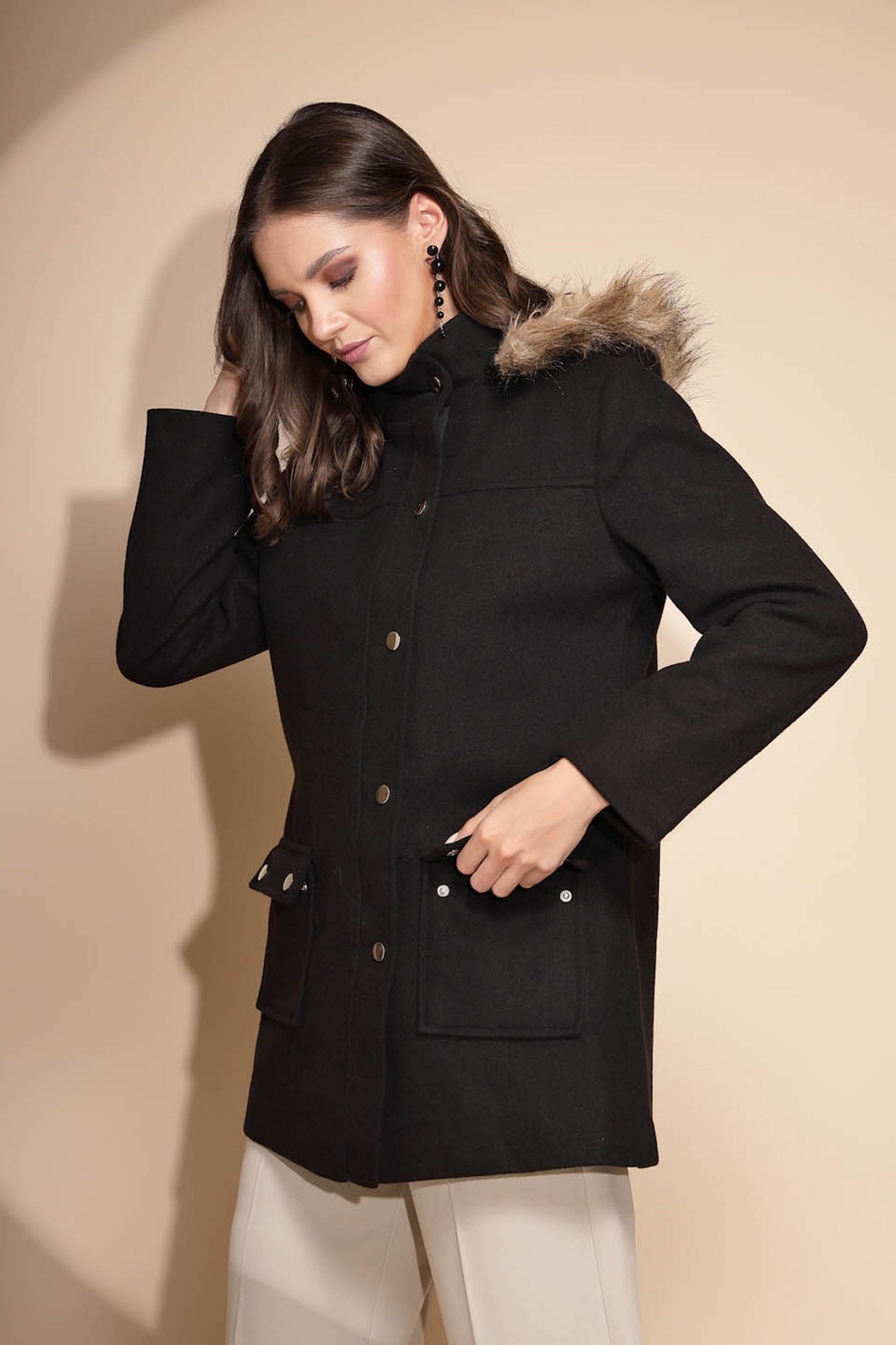 Black Solid Hooded Coat