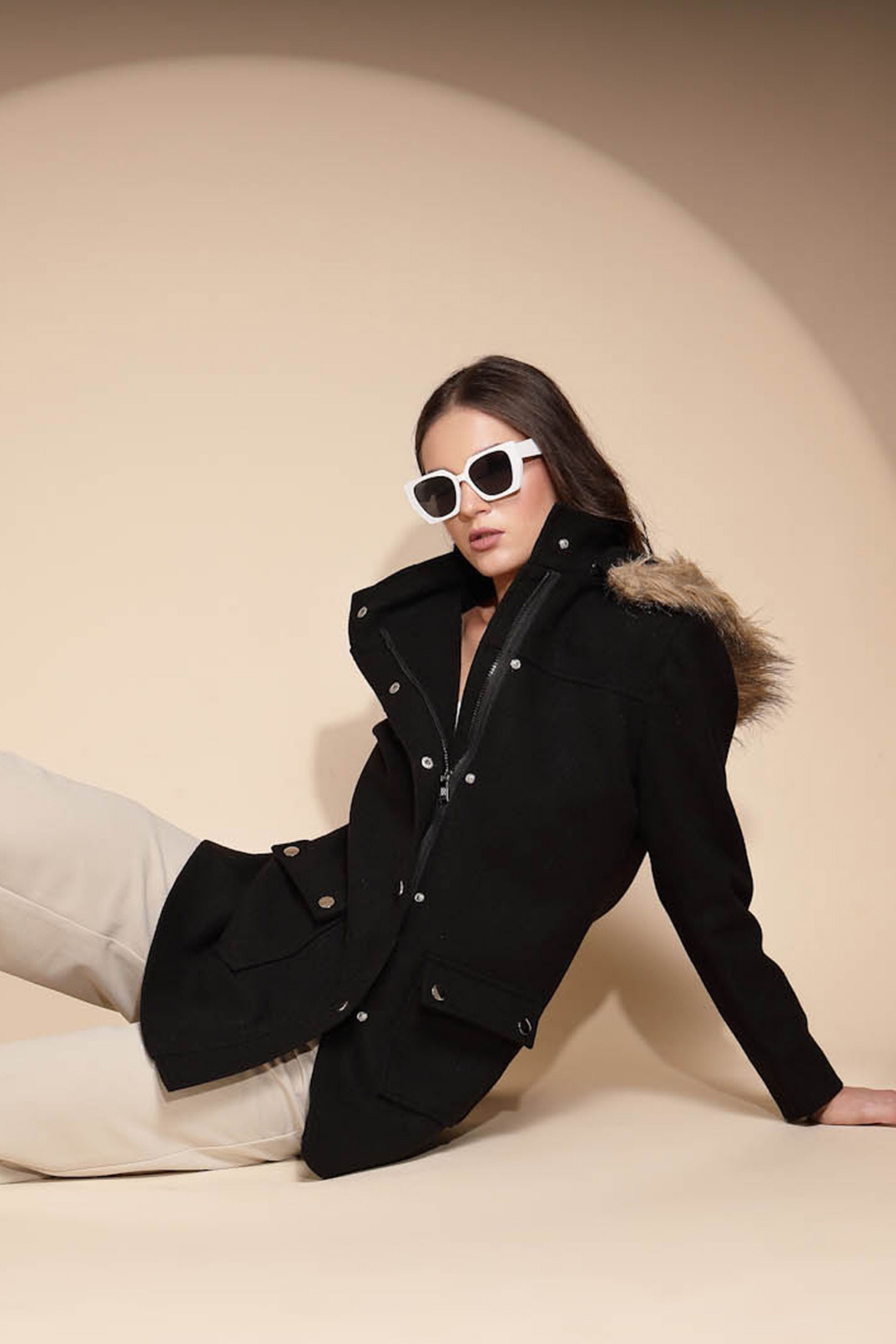 Black Solid Hooded Coat