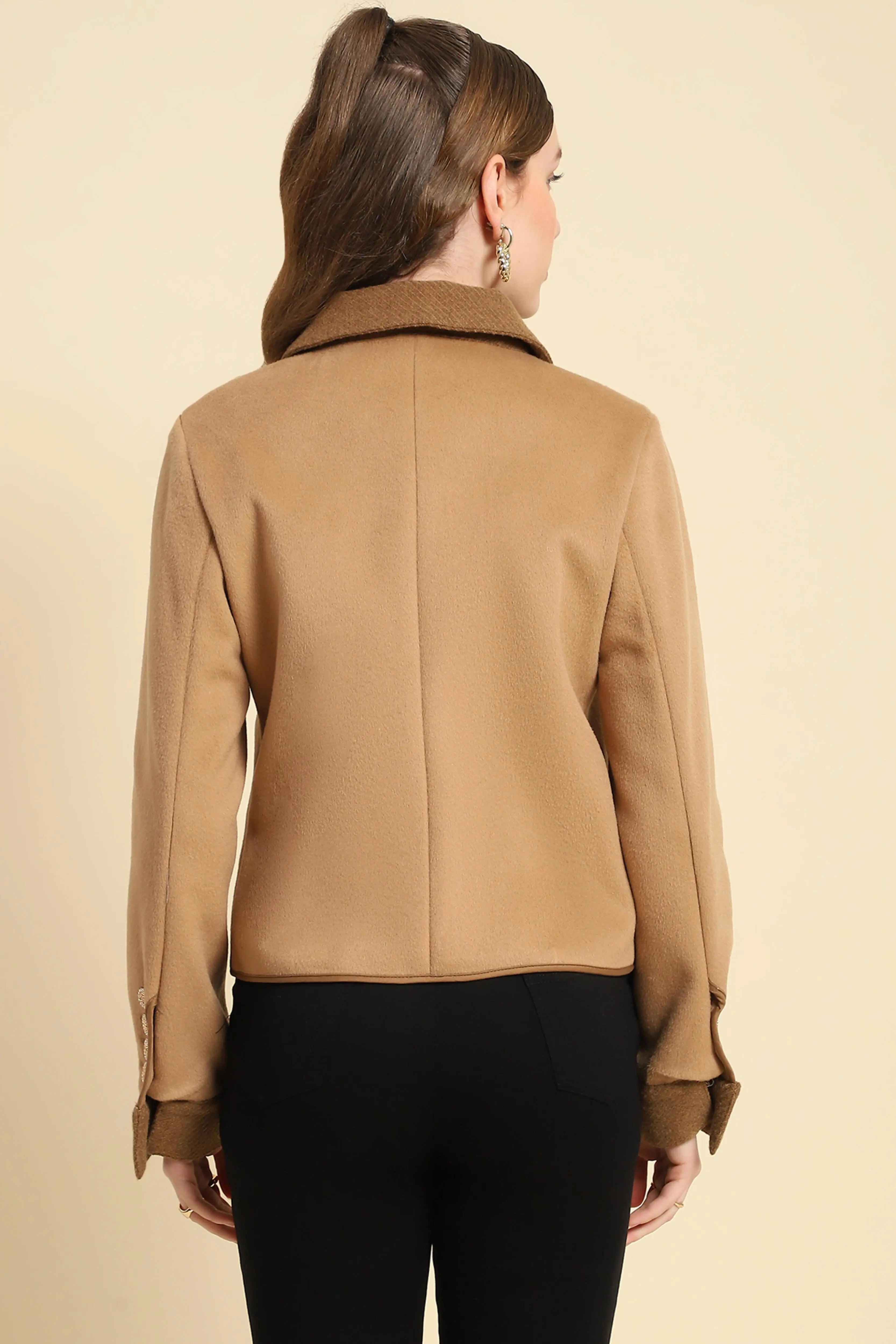 Camel Solid Viscose Winter Coat - Global Republic