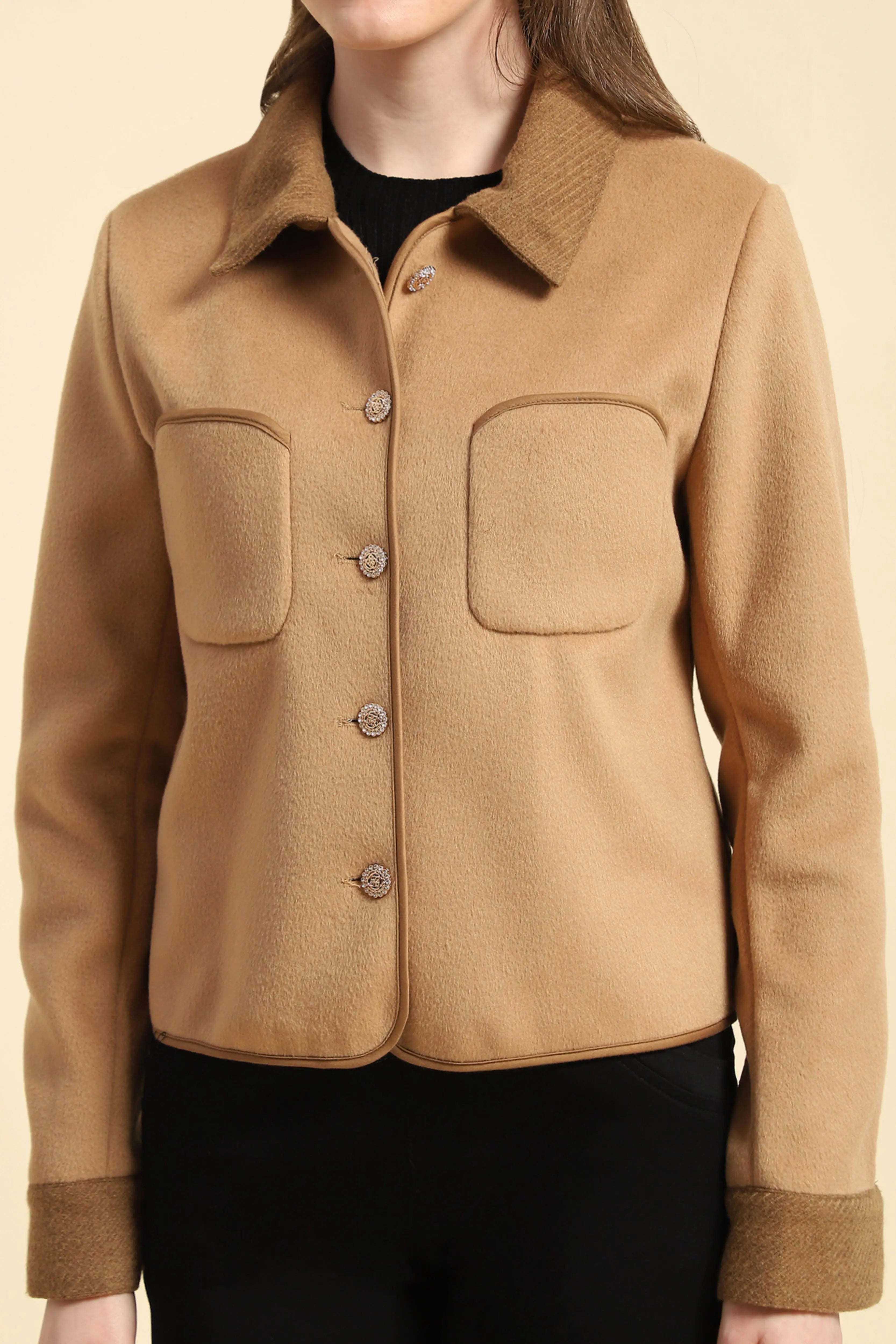 Camel Solid Viscose Winter Coat - Global Republic