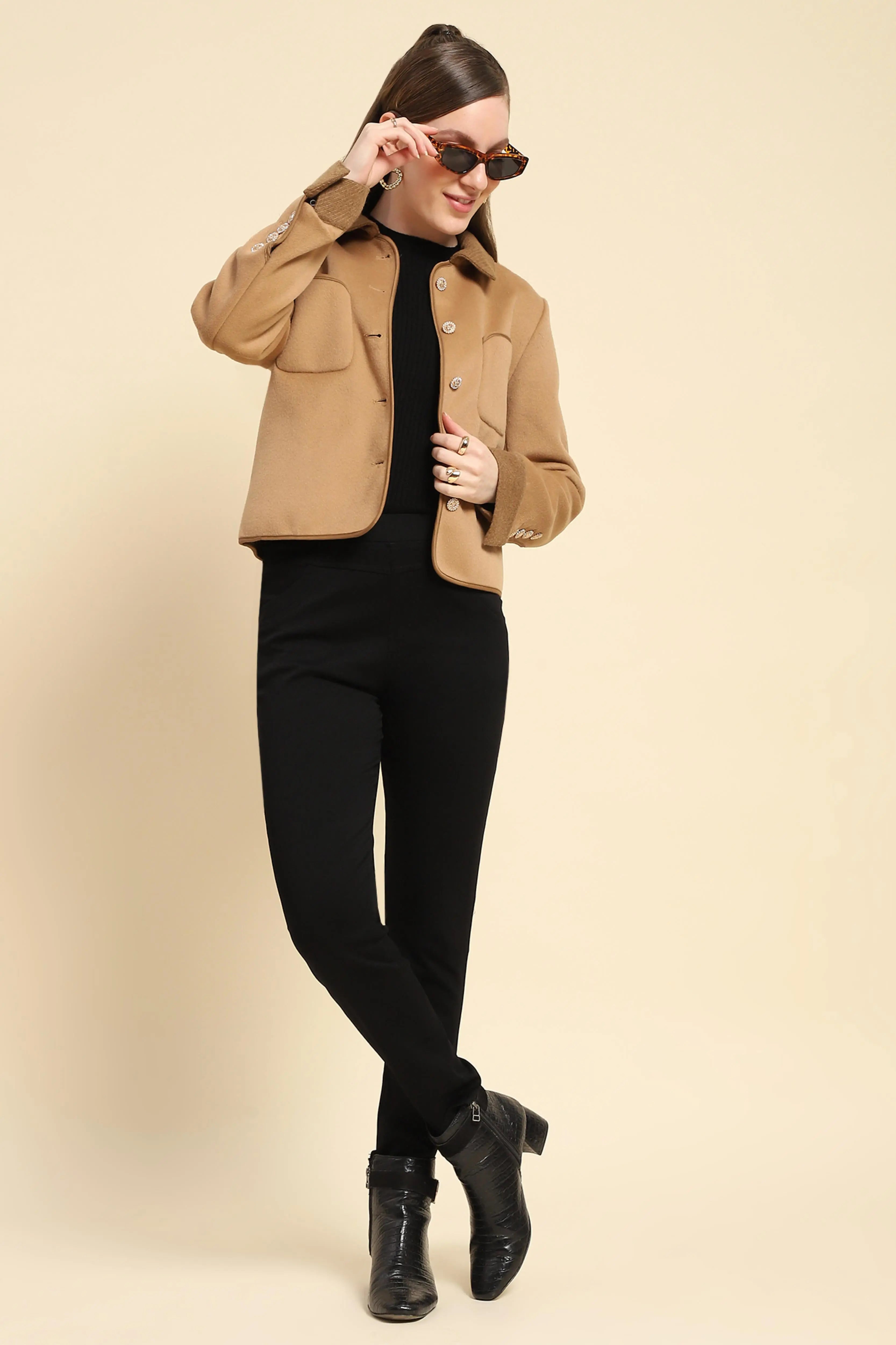 Camel Solid Viscose Winter Coat - Global Republic