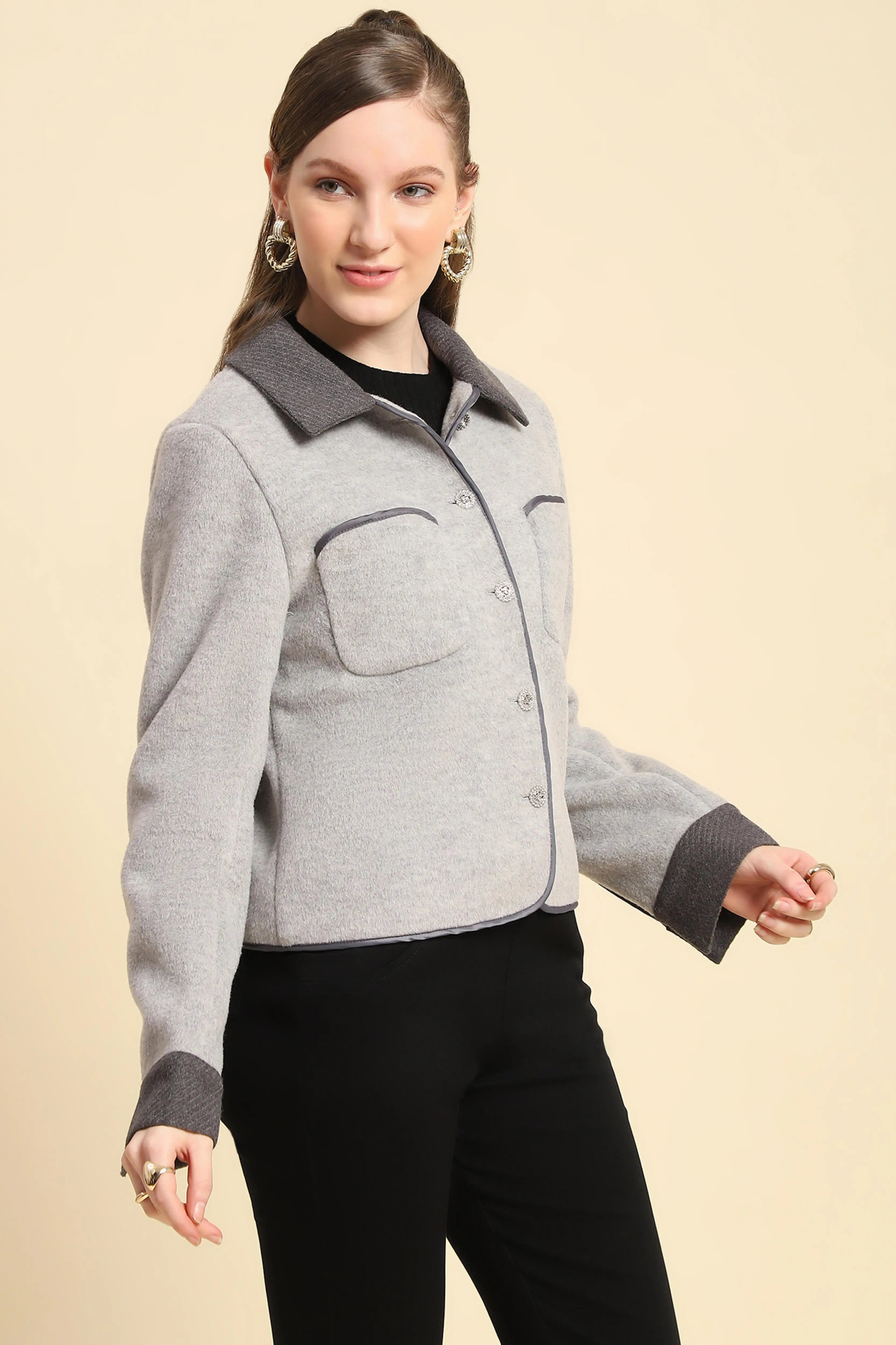 Grey Solid Viscose Winter Coat - Global Republic