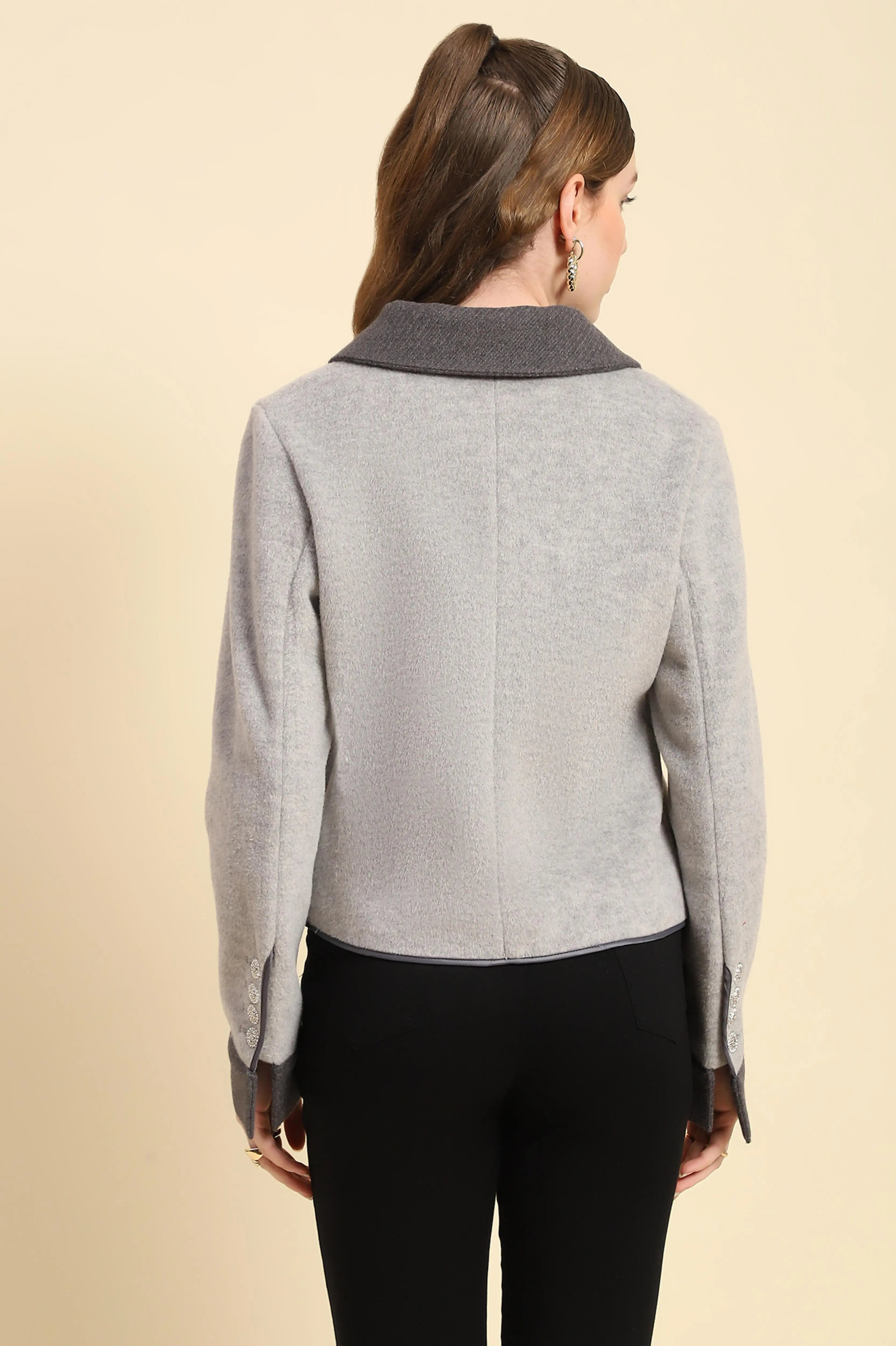 Grey Solid Viscose Winter Coat - Global Republic