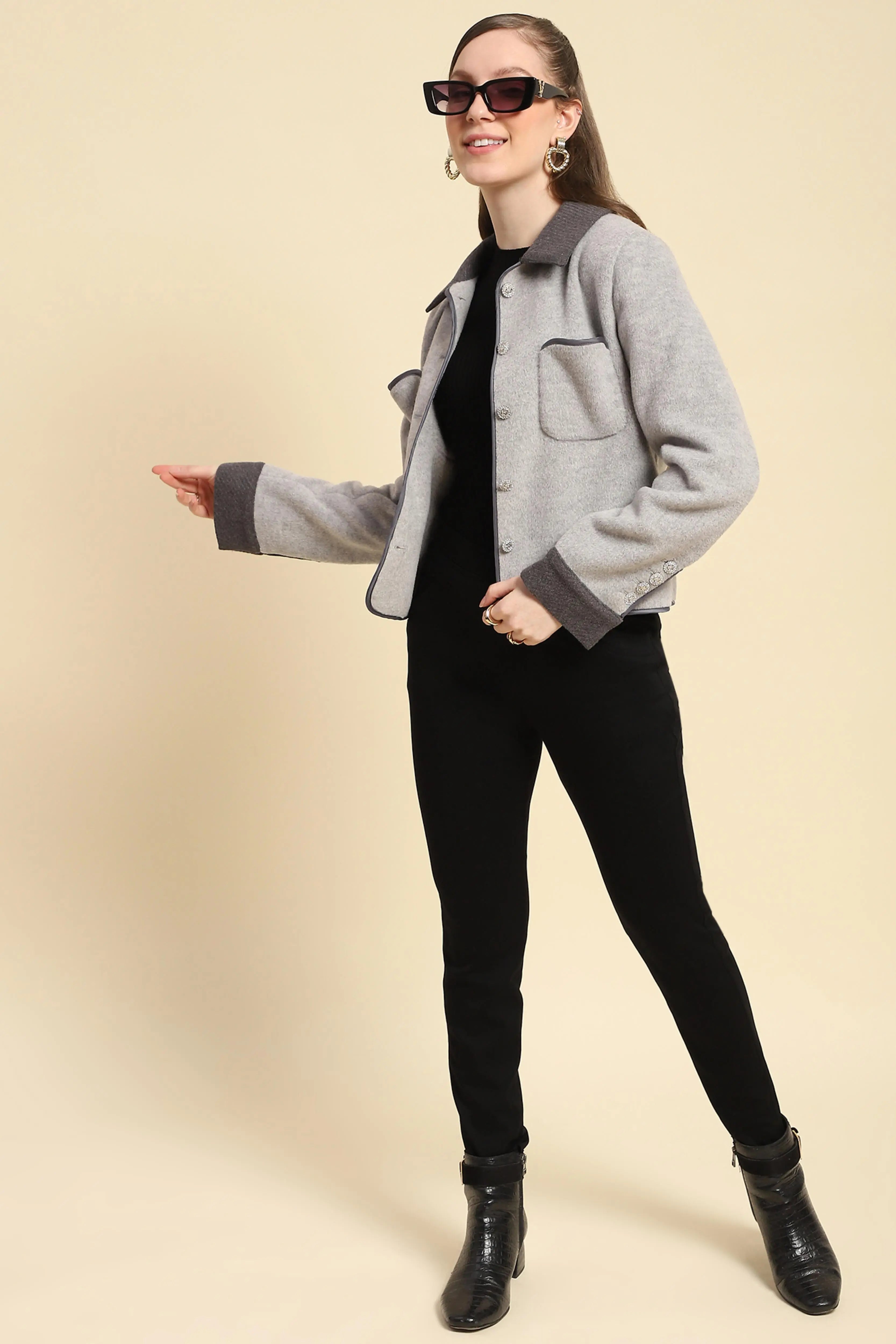 Grey Solid Viscose Winter Coat - Global Republic