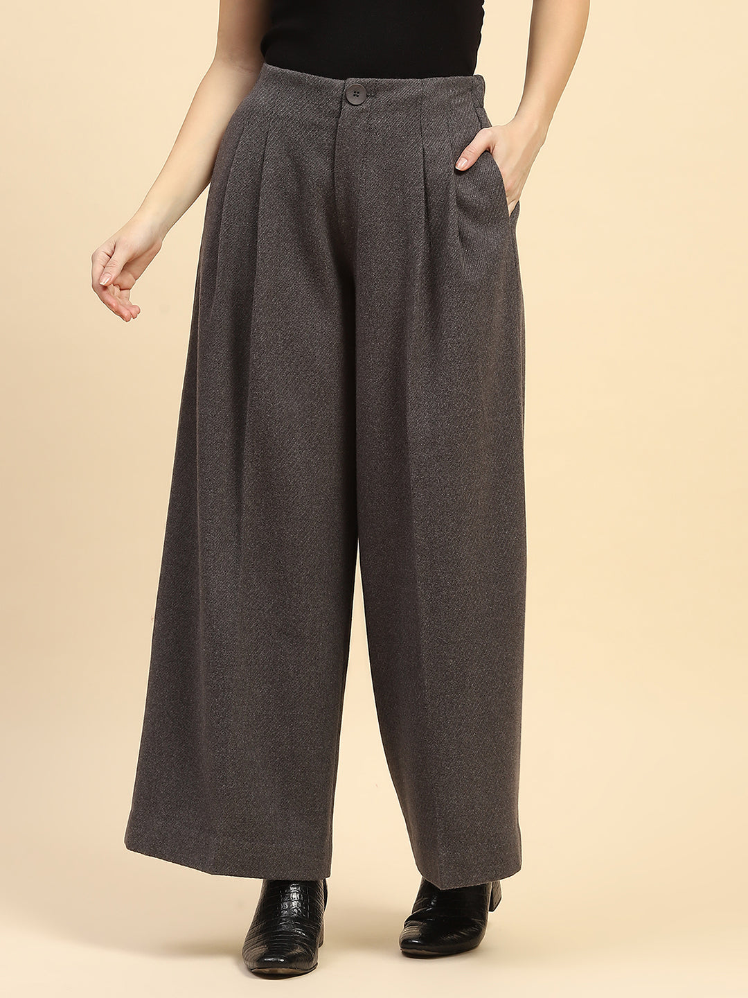 Grey Viscose Wide Leg Winter Trouser - Global Republic