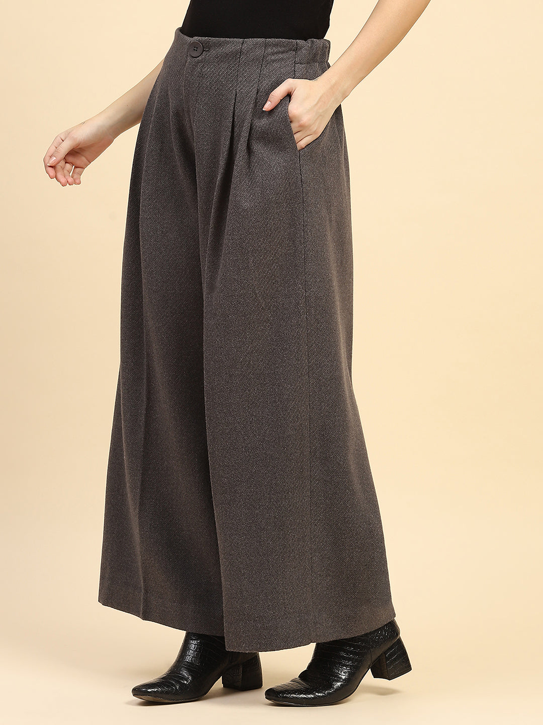 Grey Viscose Wide Leg Winter Trouser - Global Republic