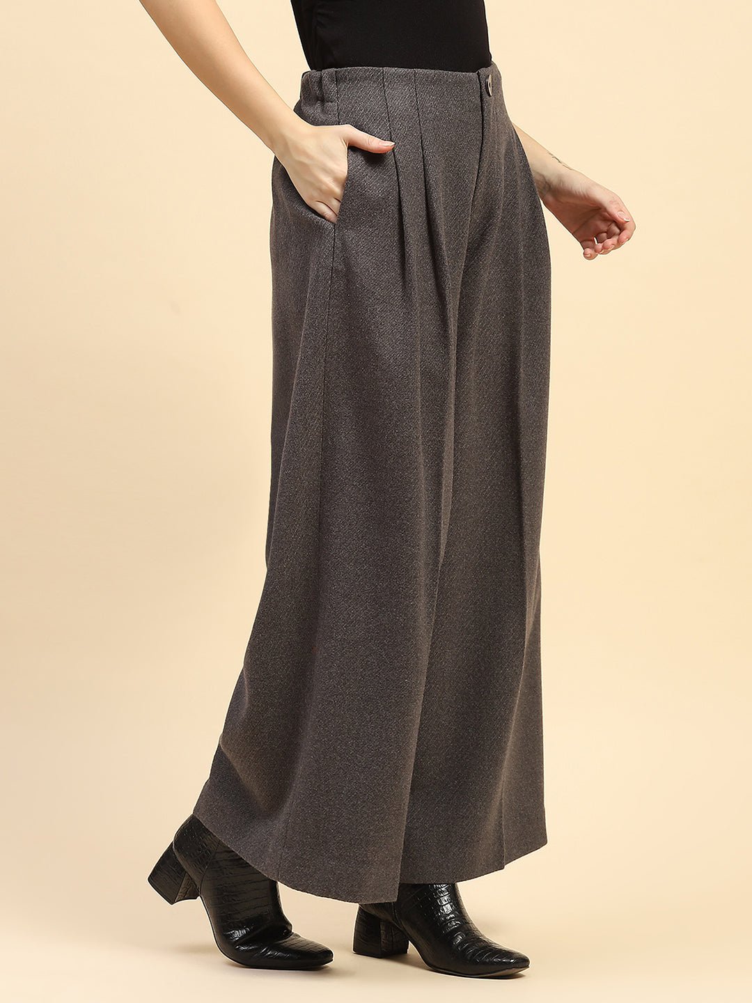 Grey Viscose Wide Leg Winter Trouser - Global Republic