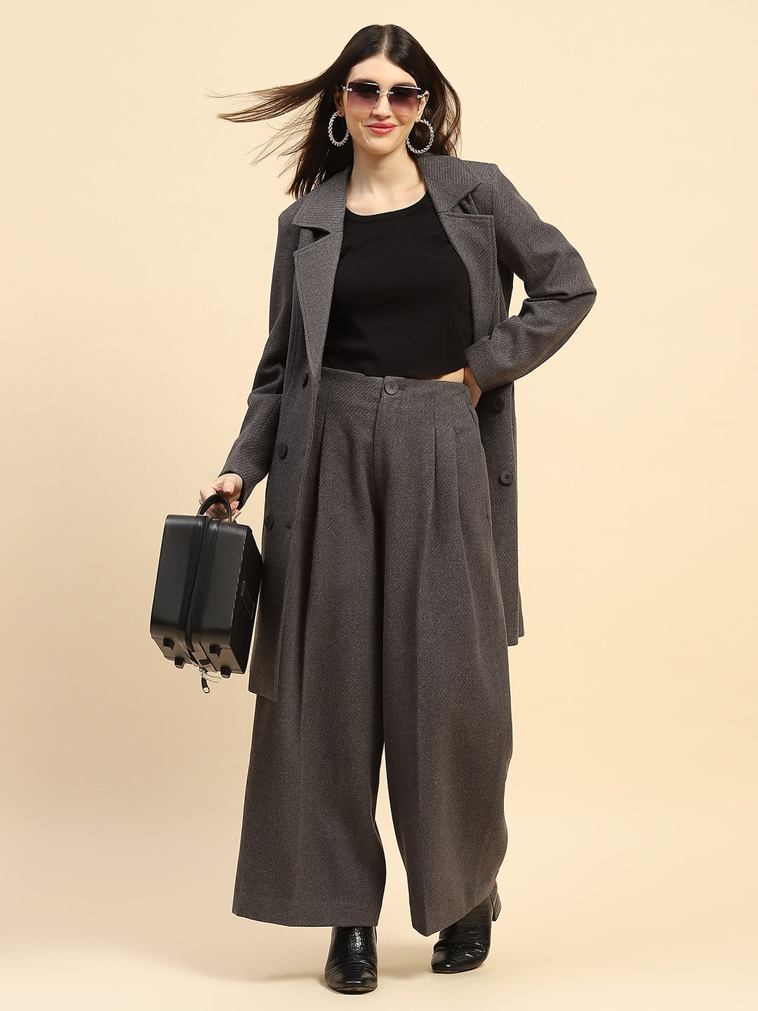 Grey Viscose Wide Leg Winter Trouser - Global Republic