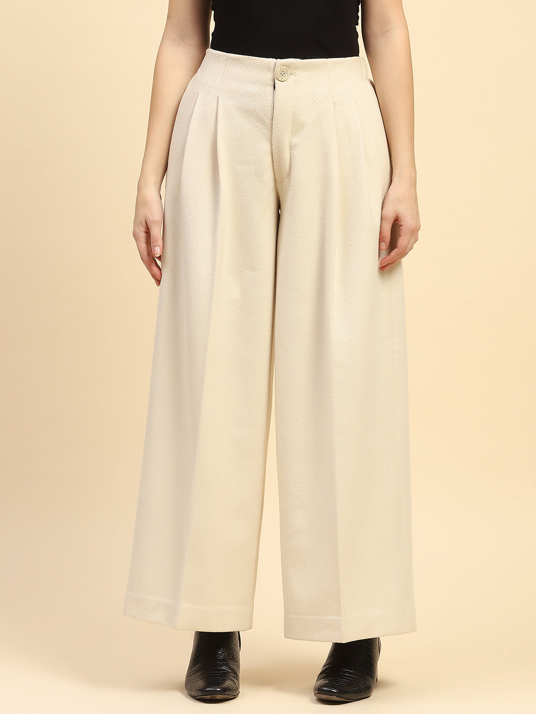Cream Viscose Wide Leg Winter Trouser - Global Republic