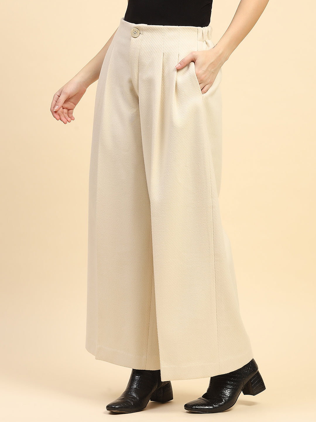 Cream Viscose Wide Leg Winter Trouser - Global Republic