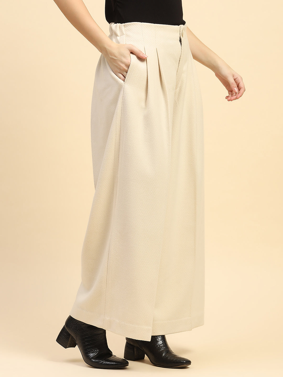 Cream Viscose Wide Leg Winter Trouser - Global Republic