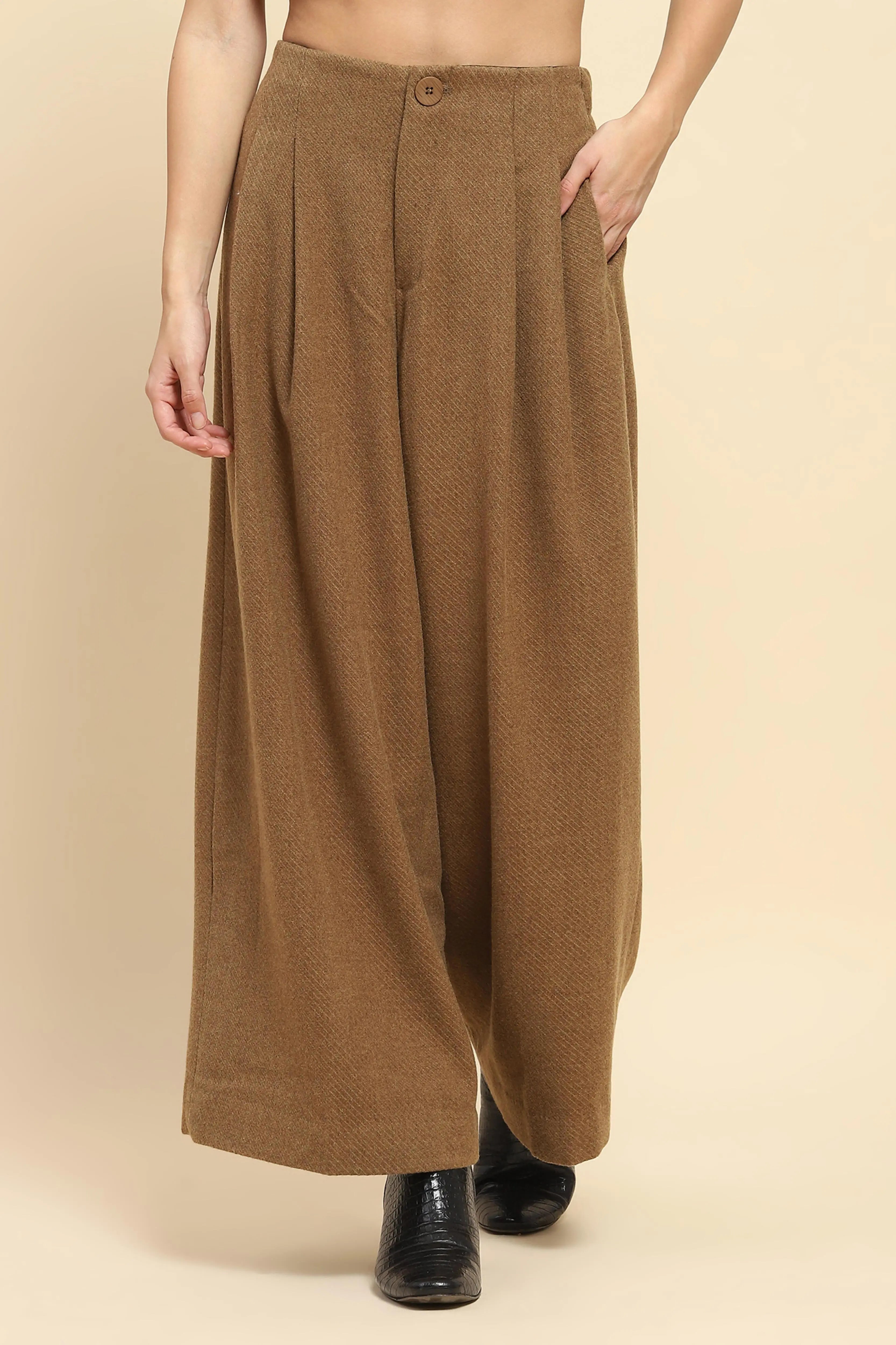 Brown Viscose Wide Leg Winter Trouser - Global Republic