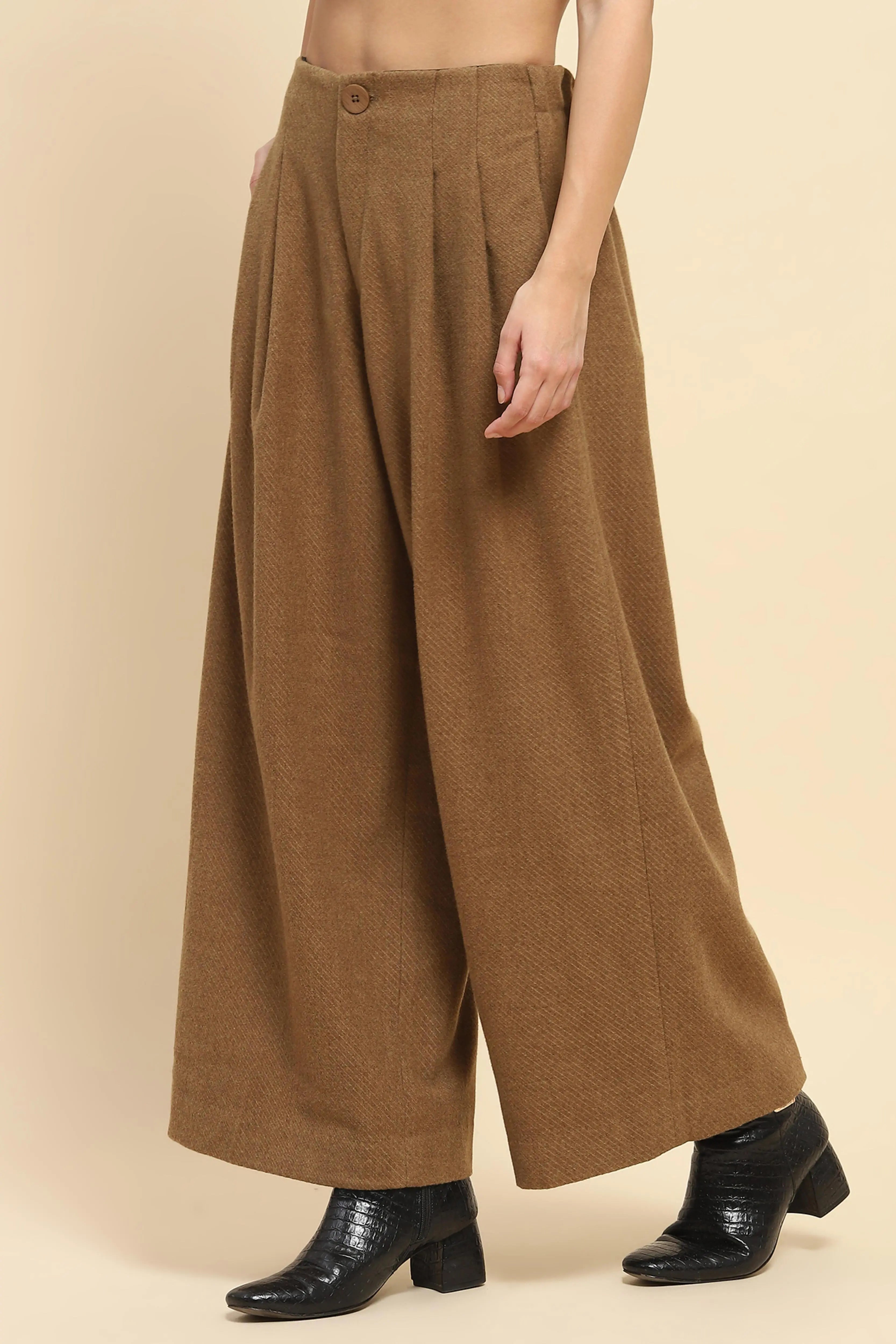 Brown Viscose Wide Leg Winter Trouser - Global Republic
