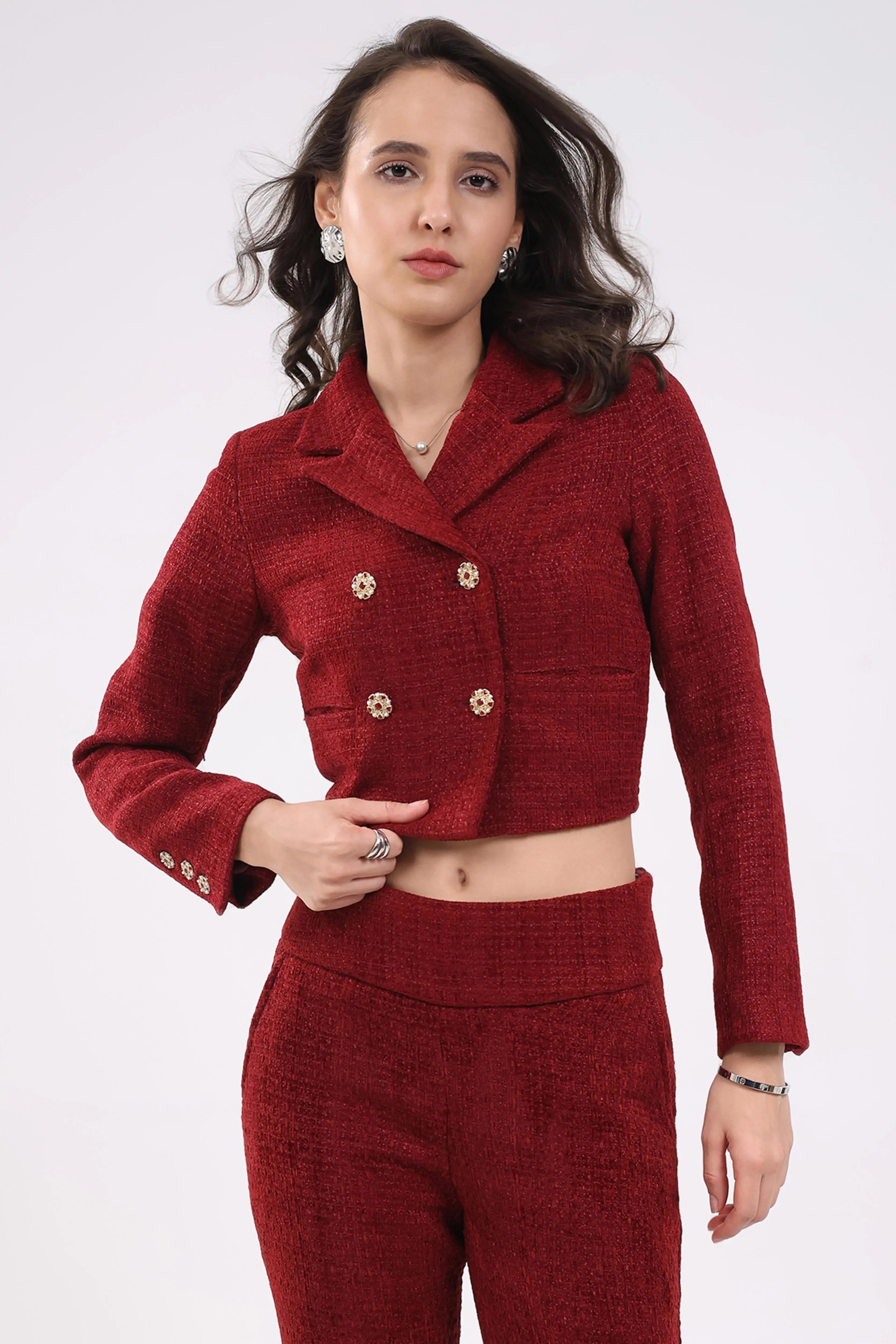 Maroon Wool Blend Crop Jacket - Global Republic