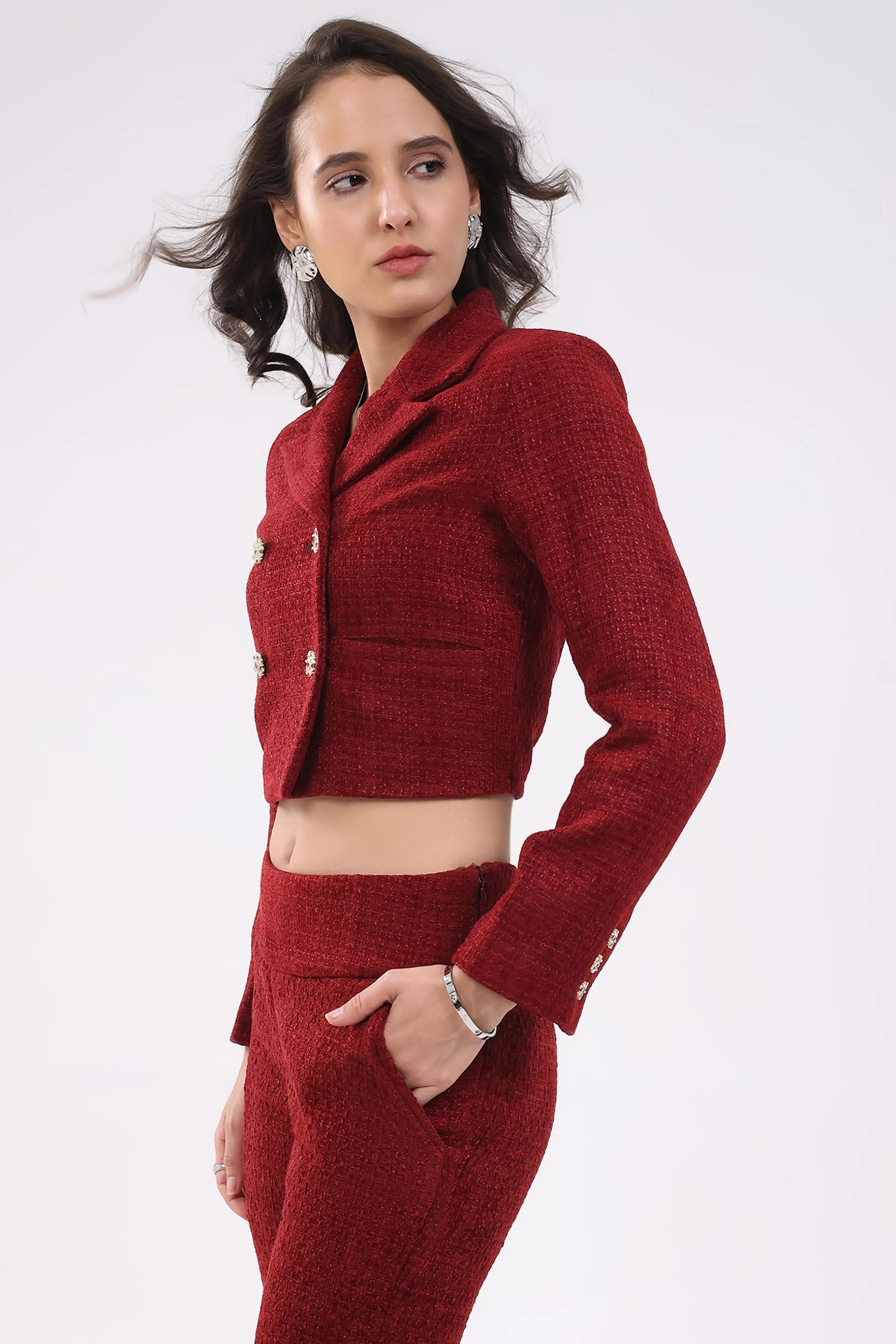 Maroon Wool Blend Crop Jacket - Global Republic