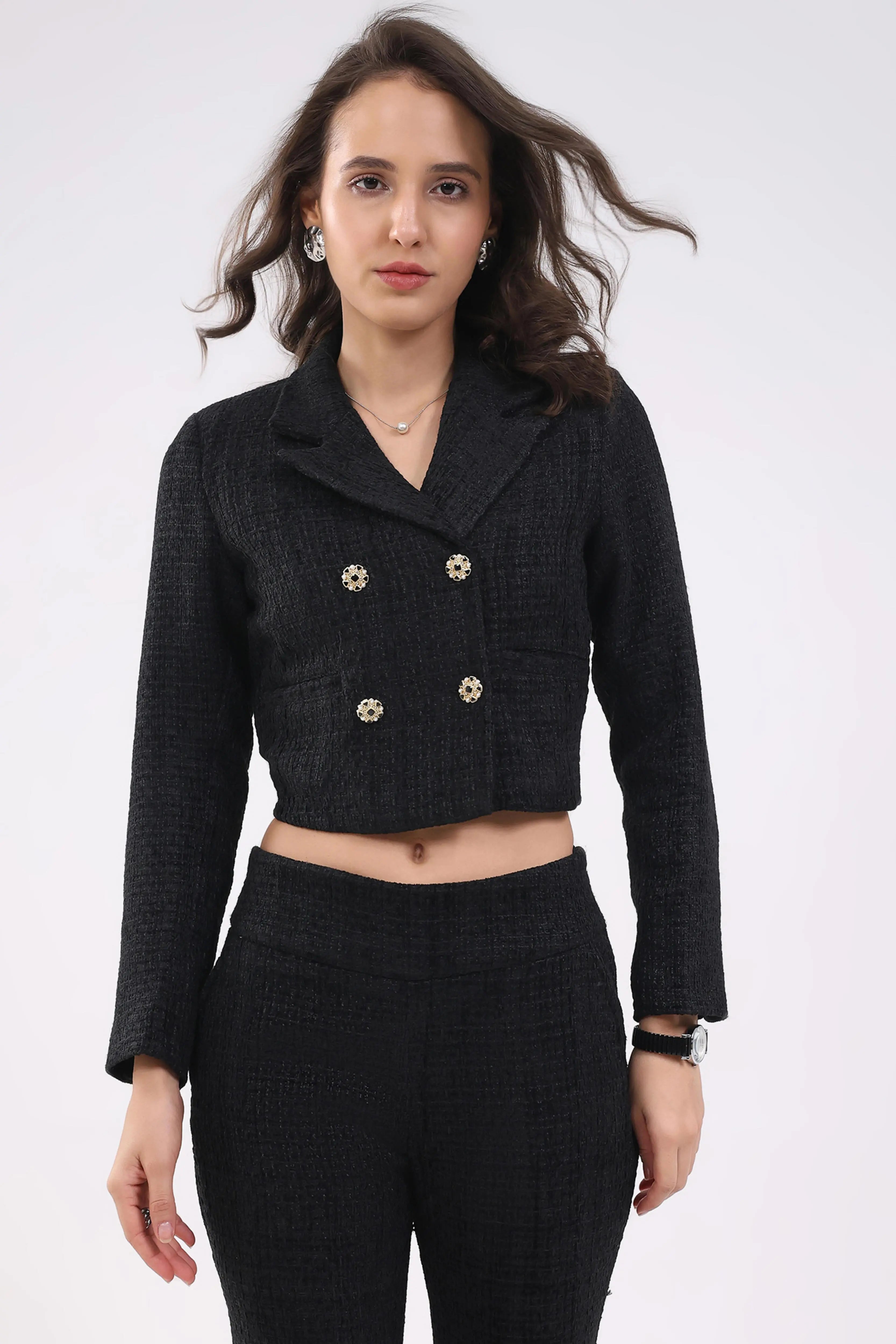 Black Wool Blend Crop Jacket - Global Republic