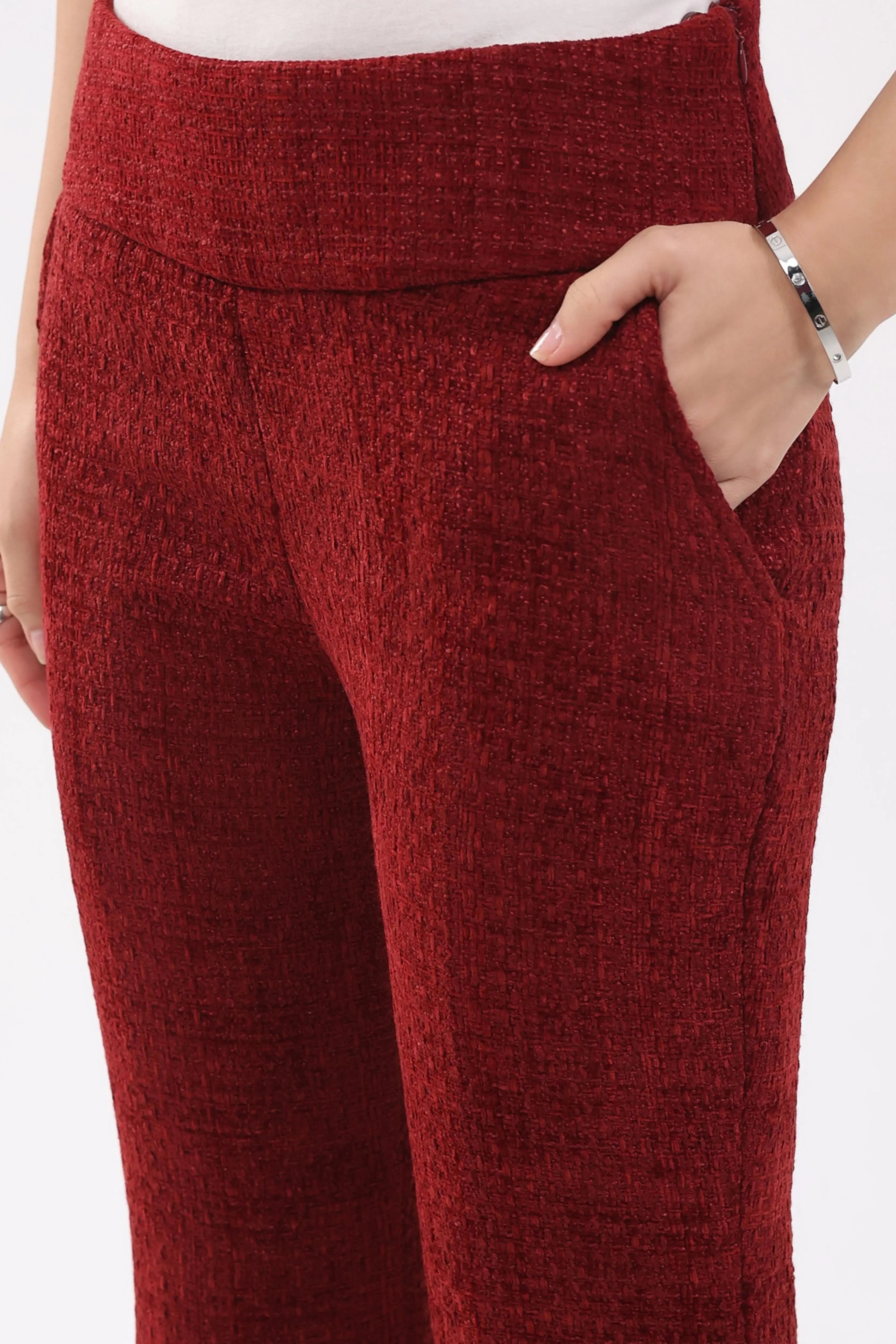 Maroon Wool Blend Bootcut Trousers - Global Republic