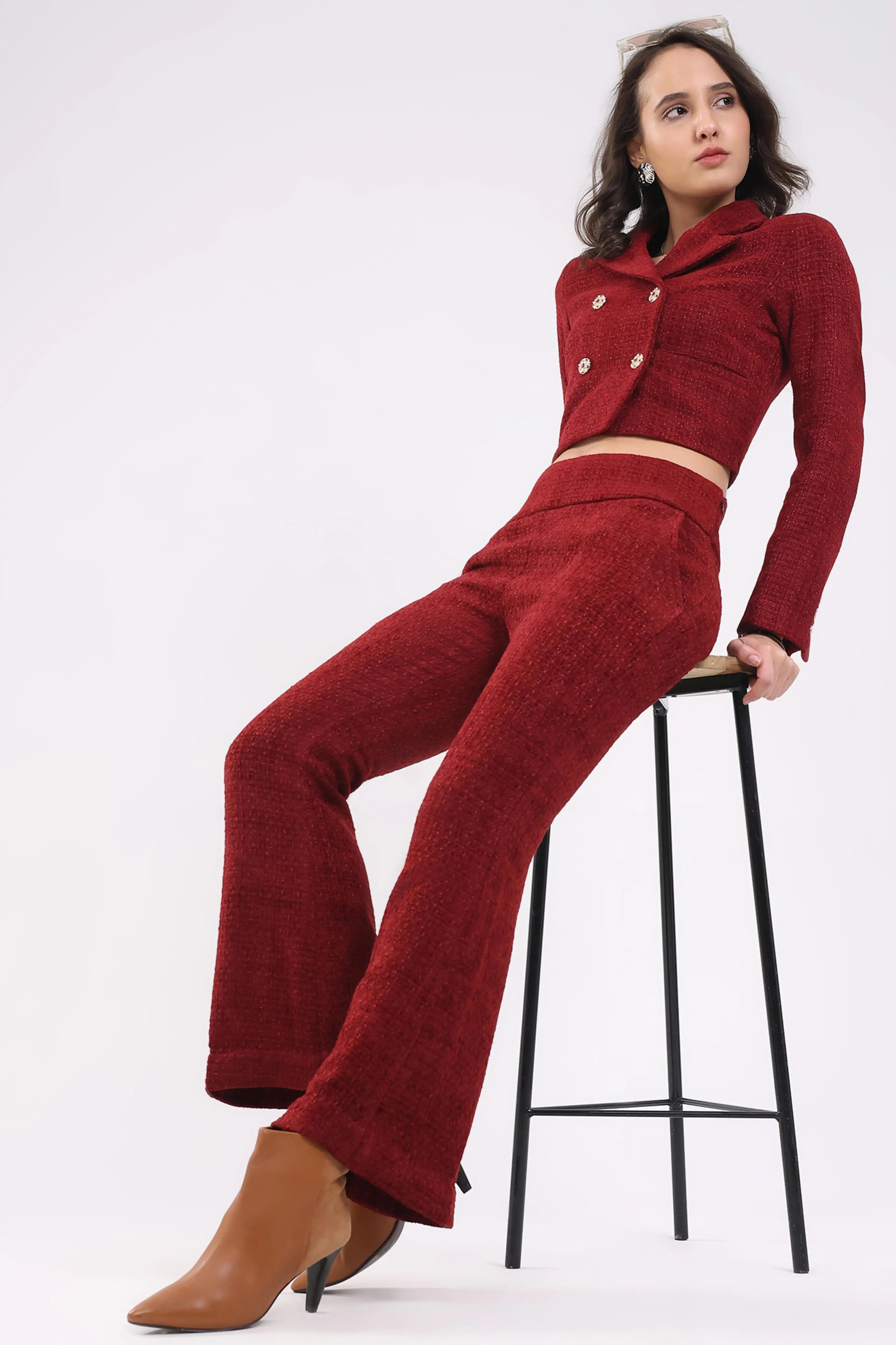 Maroon Wool Blend Bootcut Trousers - Global Republic