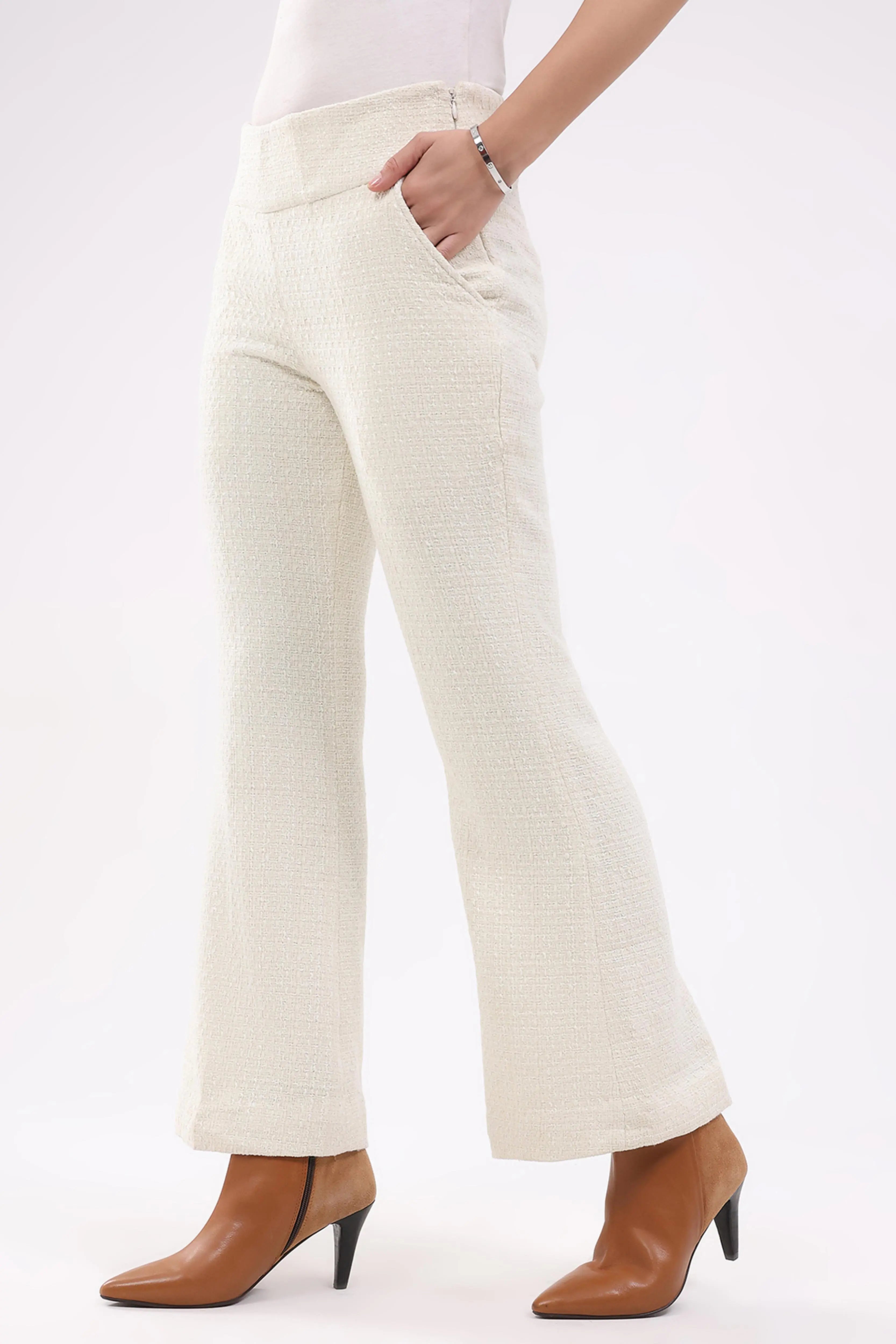 White Wool Blend Bootcut Trousers - Global Republic