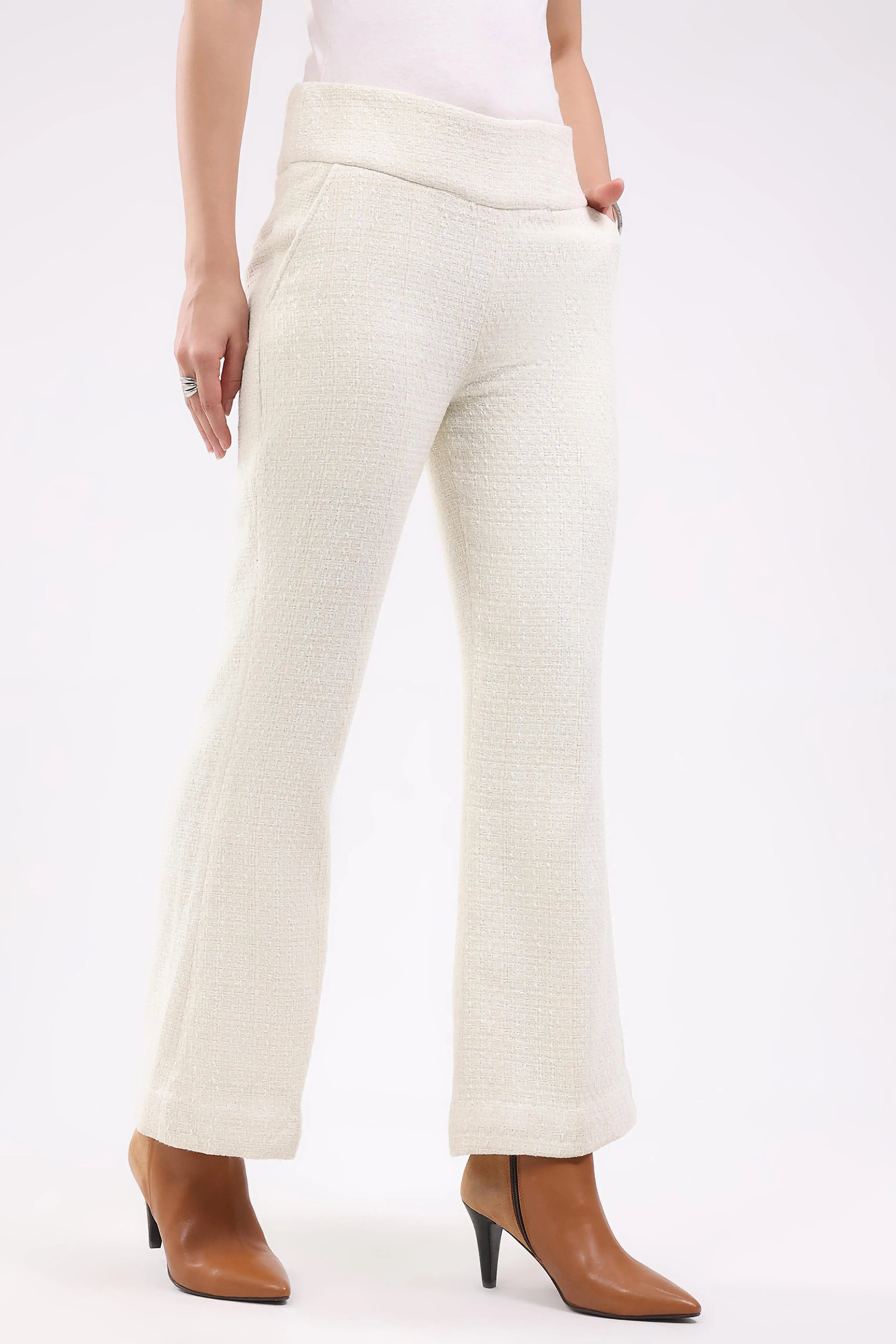 White Wool Blend Bootcut Trousers - Global Republic