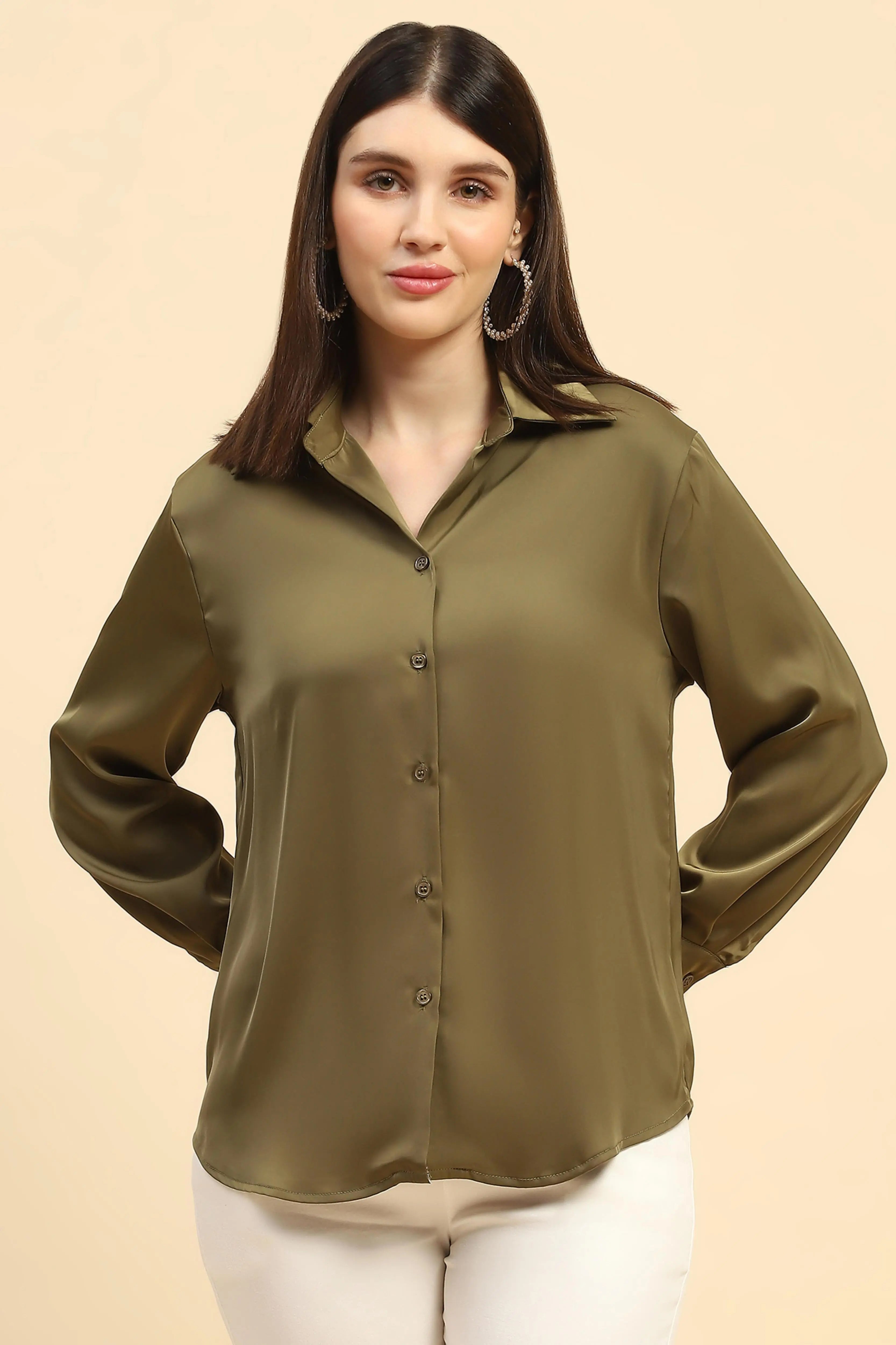 Olive Solid Satin Relaxed Fit Shirt - Global Republic