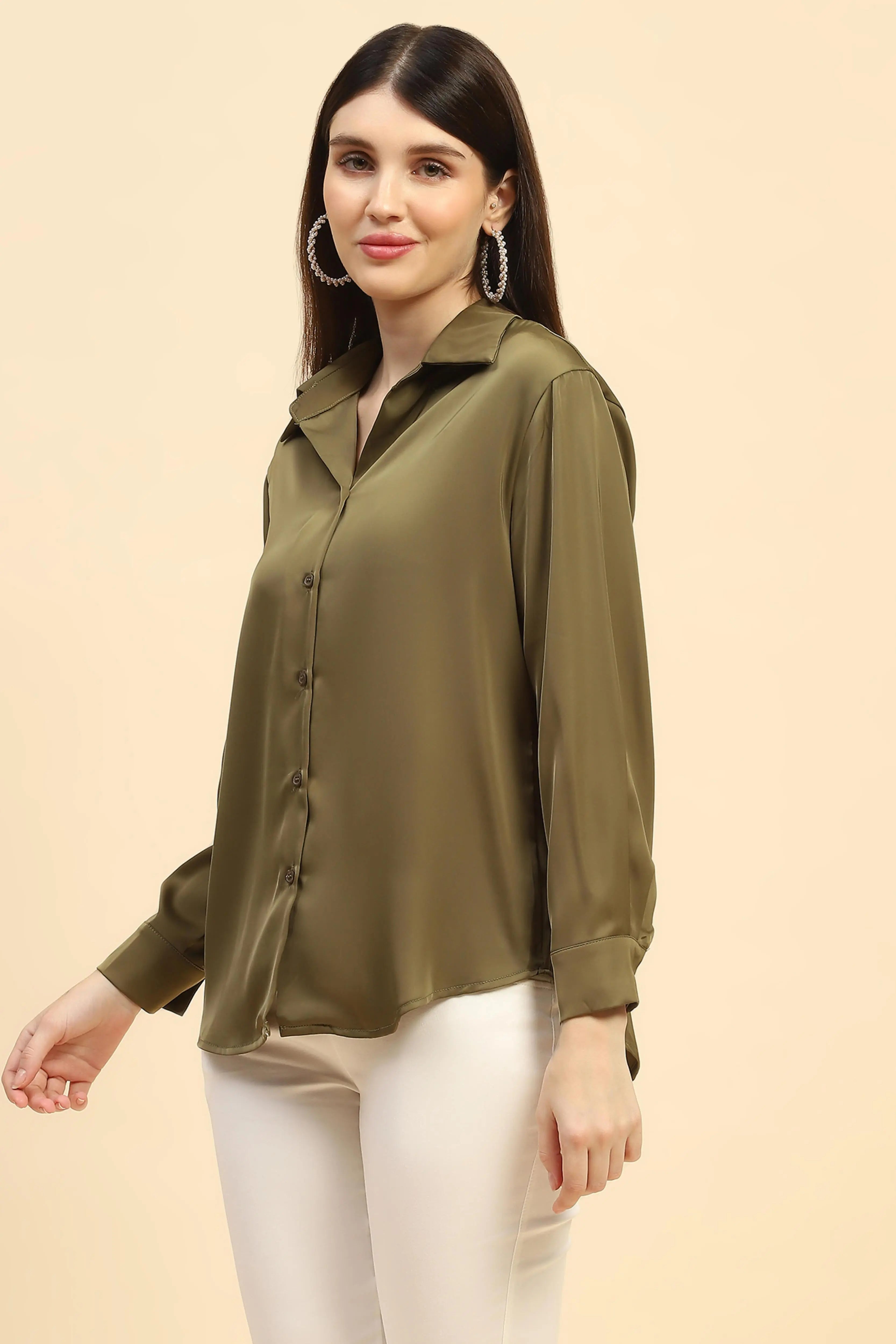 Olive Solid Satin Relaxed Fit Shirt - Global Republic