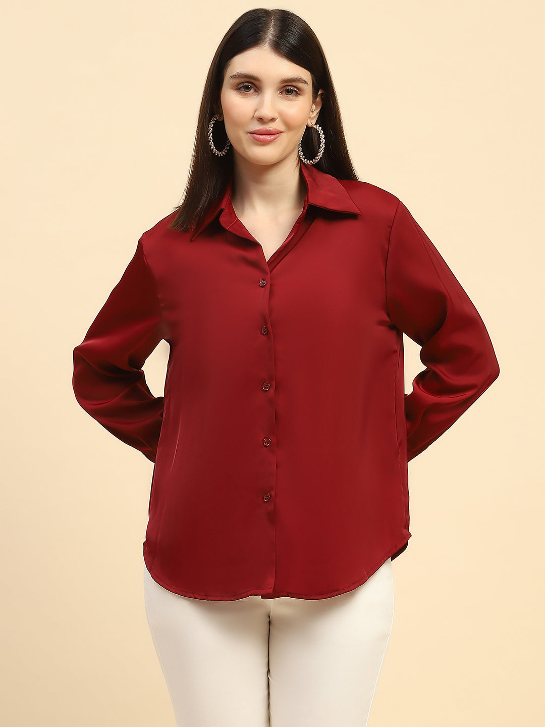 Red Solid Satin Relaxed Fit Shirt - Global Republic