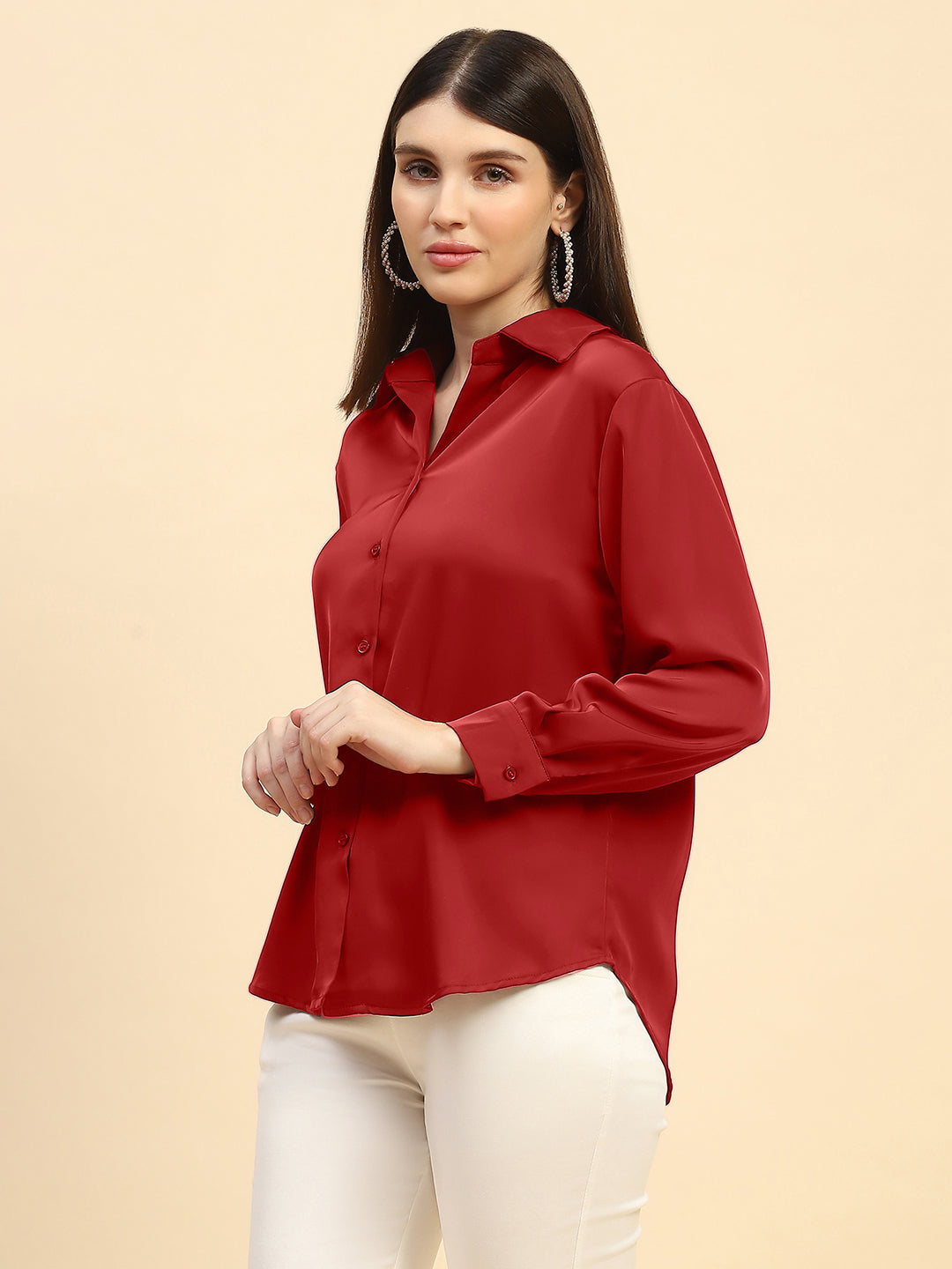 Red Solid Satin Relaxed Fit Shirt - Global Republic