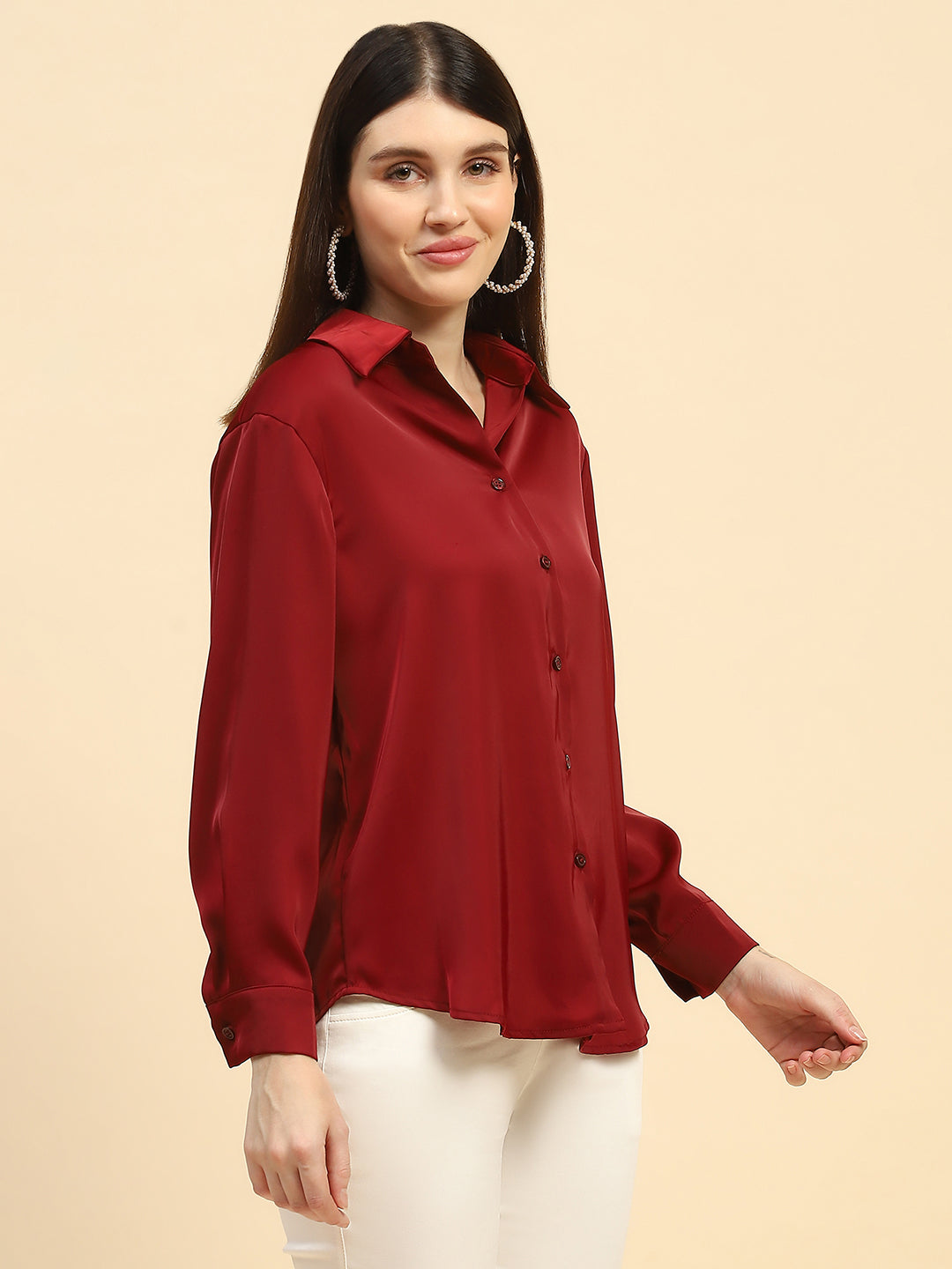 Red Solid Satin Relaxed Fit Shirt - Global Republic