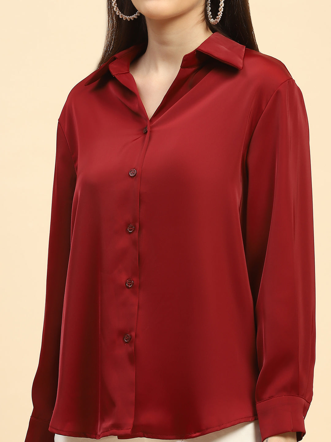 Red Solid Satin Relaxed Fit Shirt - Global Republic