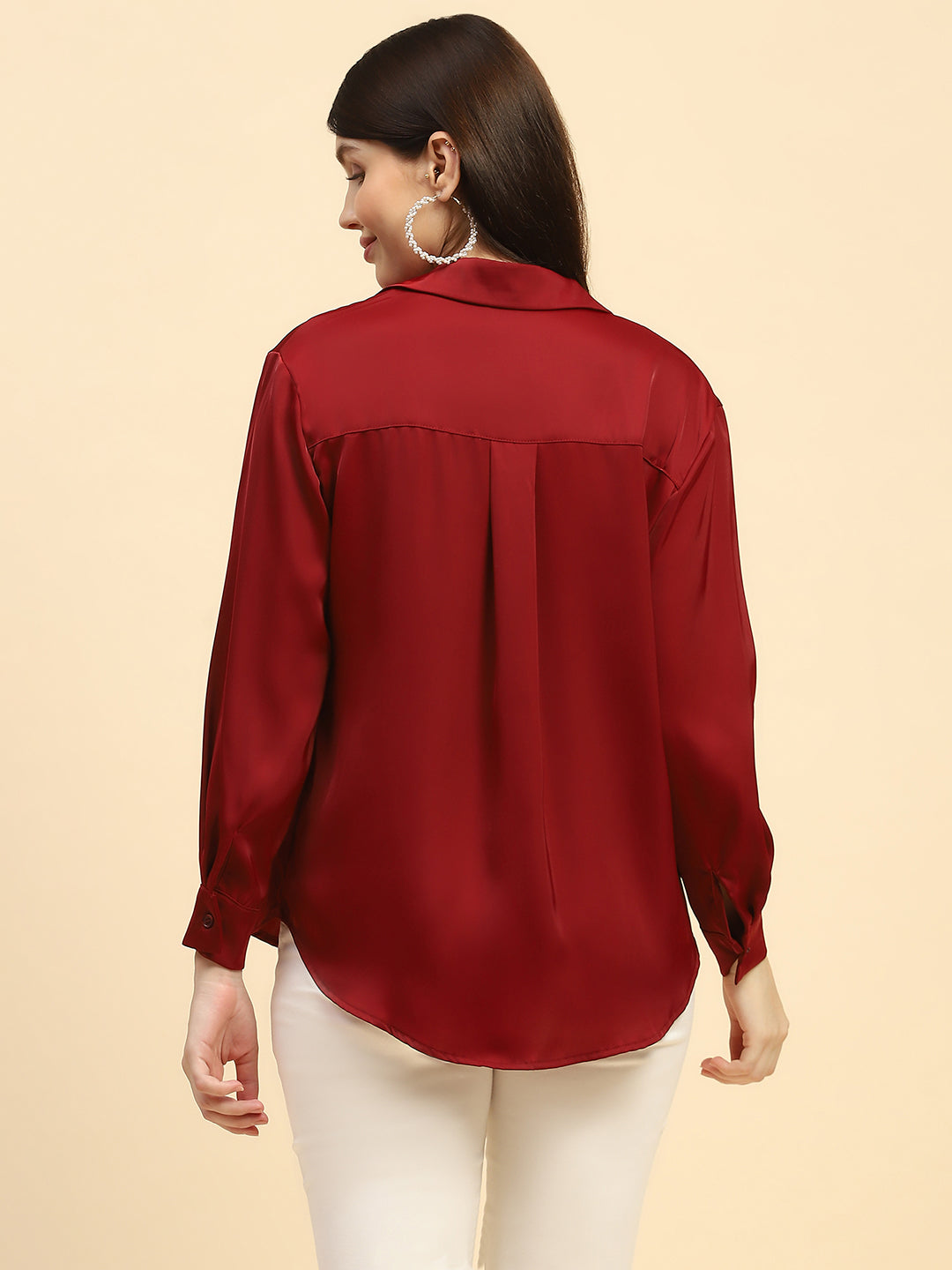 Red Solid Satin Relaxed Fit Shirt - Global Republic