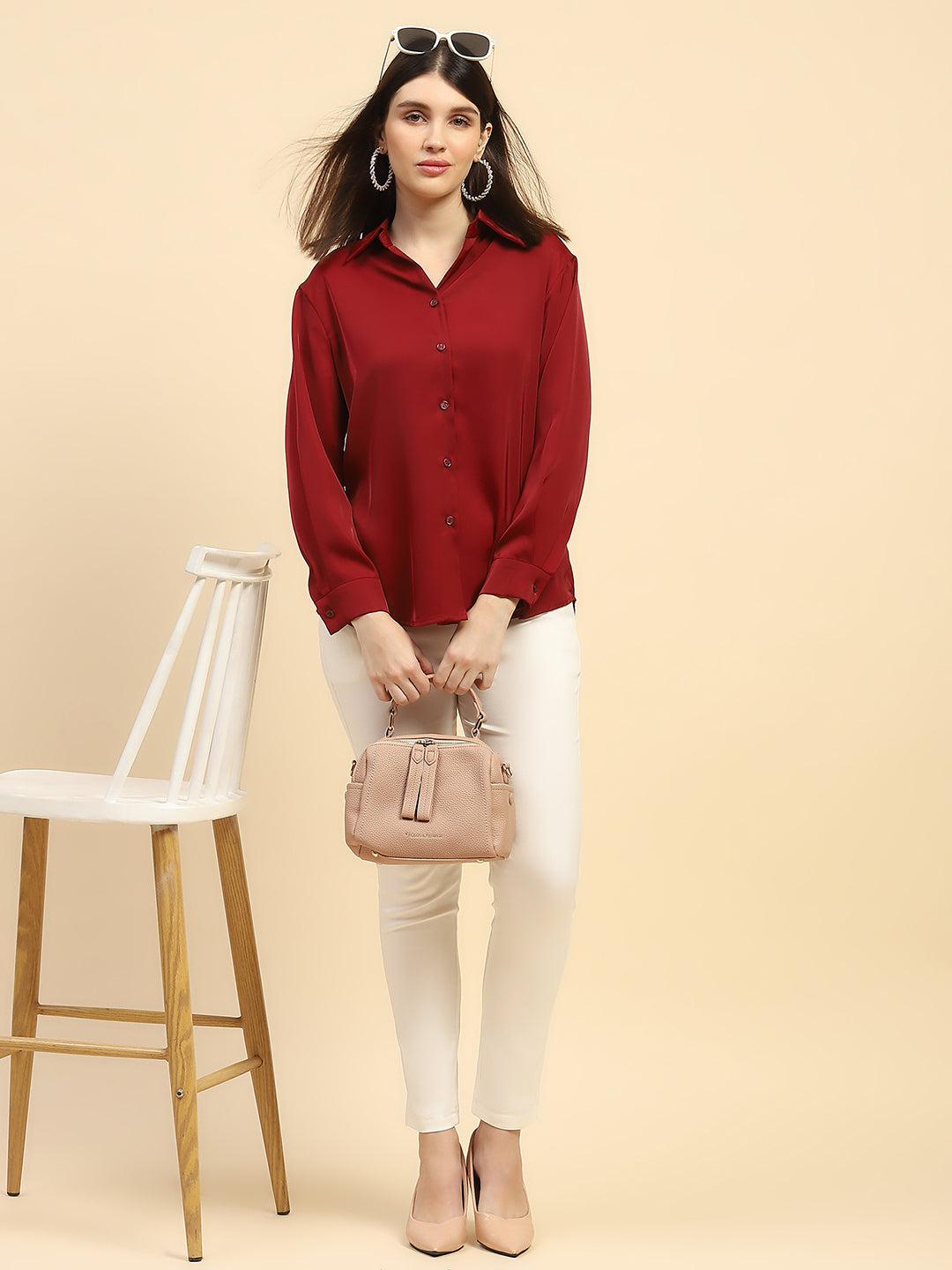 Red Solid Satin Relaxed Fit Shirt - Global Republic