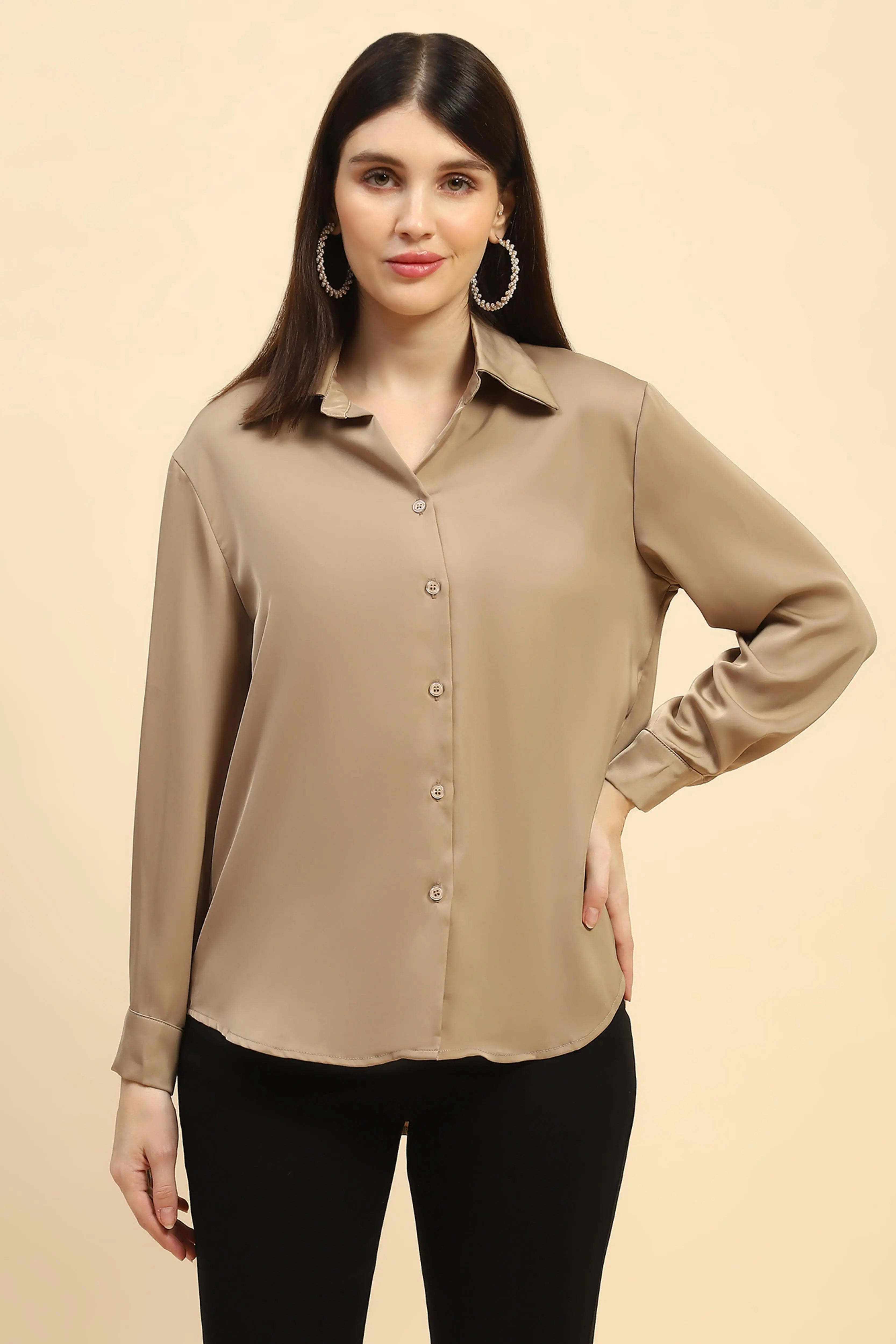 Champagne Solid Satin Relaxed Fit Shirt - Global Republic