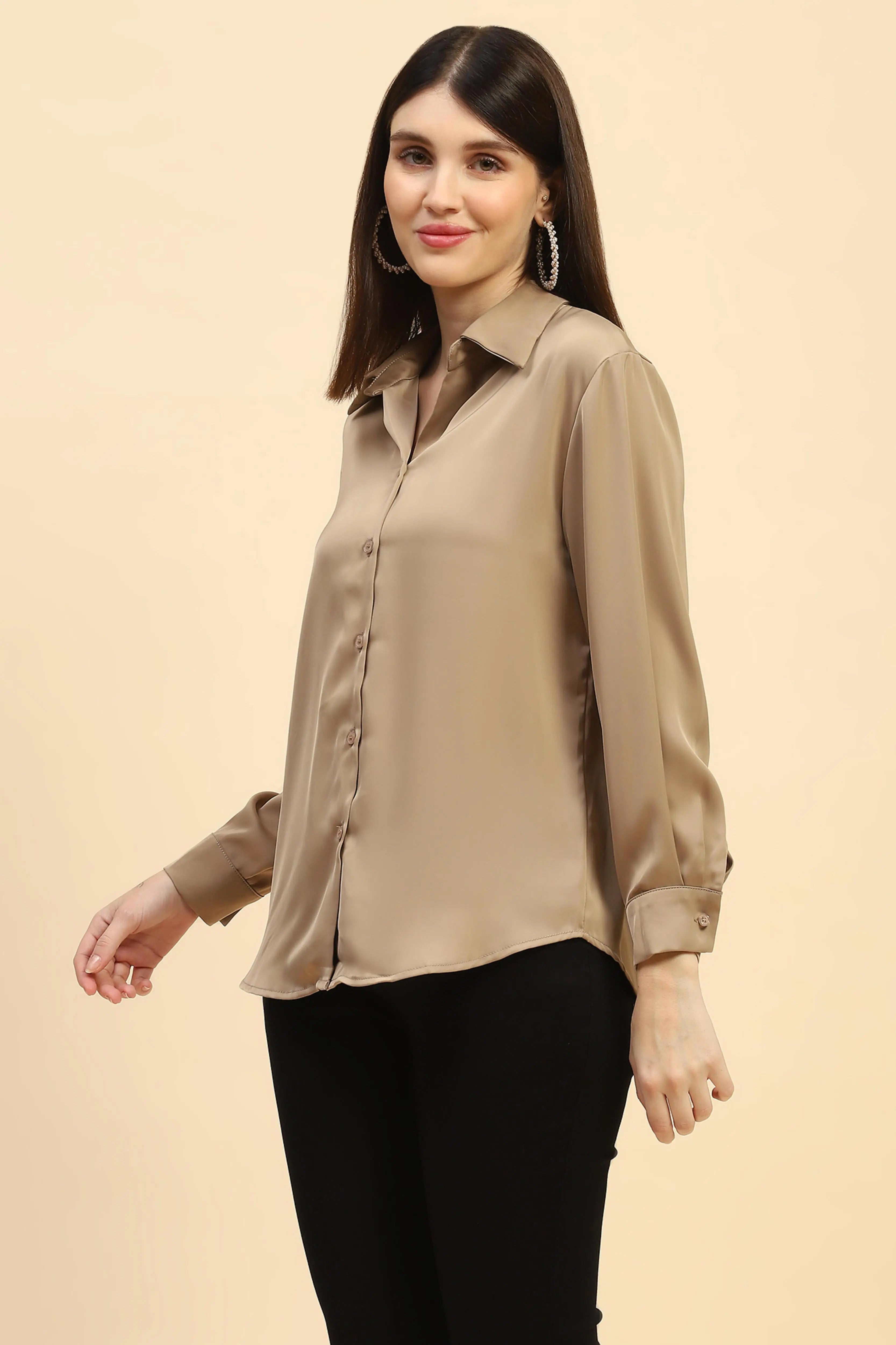 Champagne Solid Satin Relaxed Fit Shirt - Global Republic