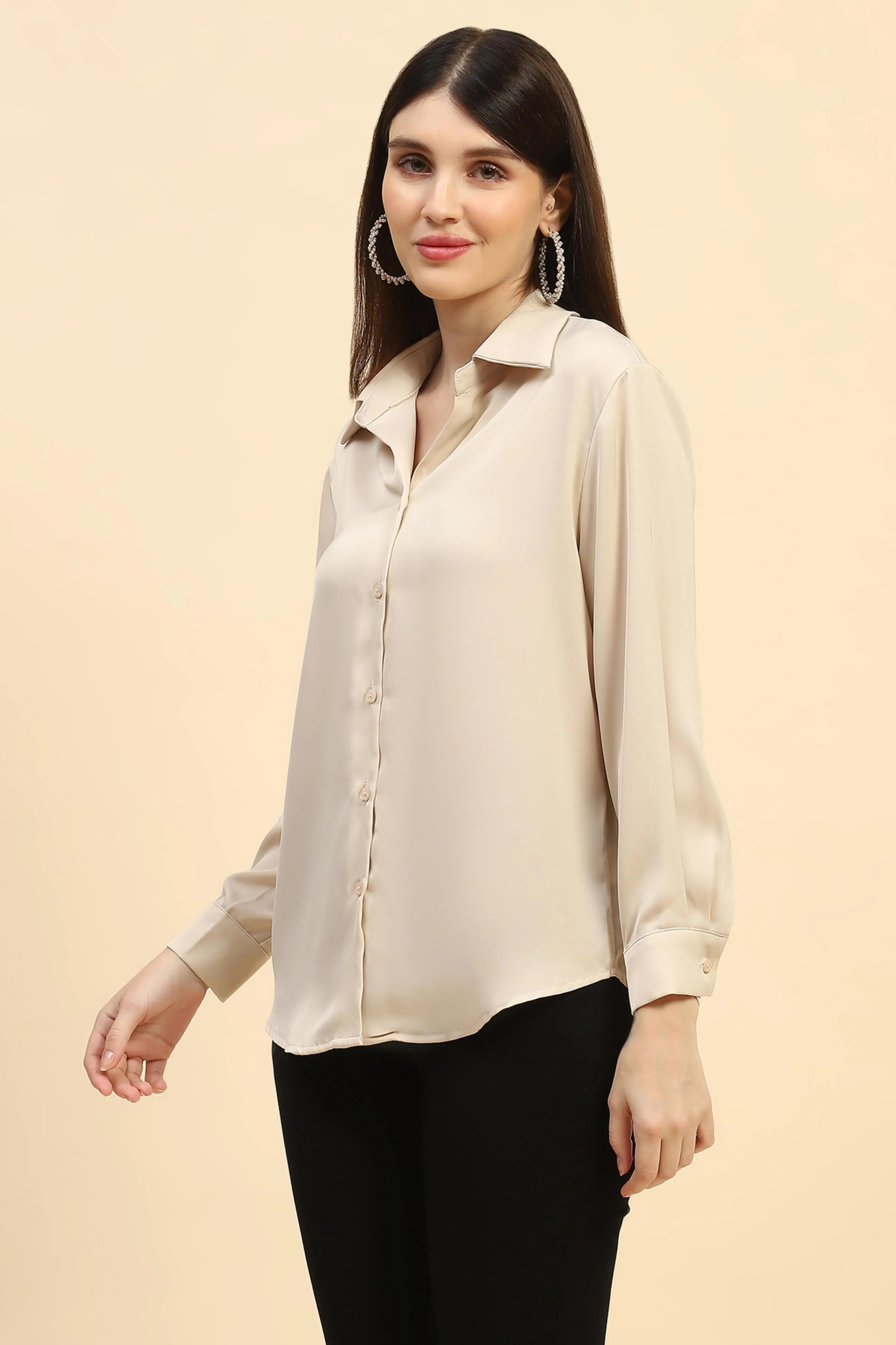 Sand Solid Satin Relaxed Fit Shirt - Global Republic