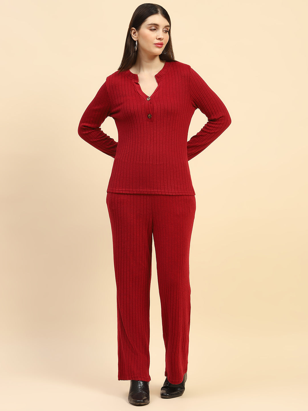 Solid Ribbed Slim Fit Night Suit - Global Republic