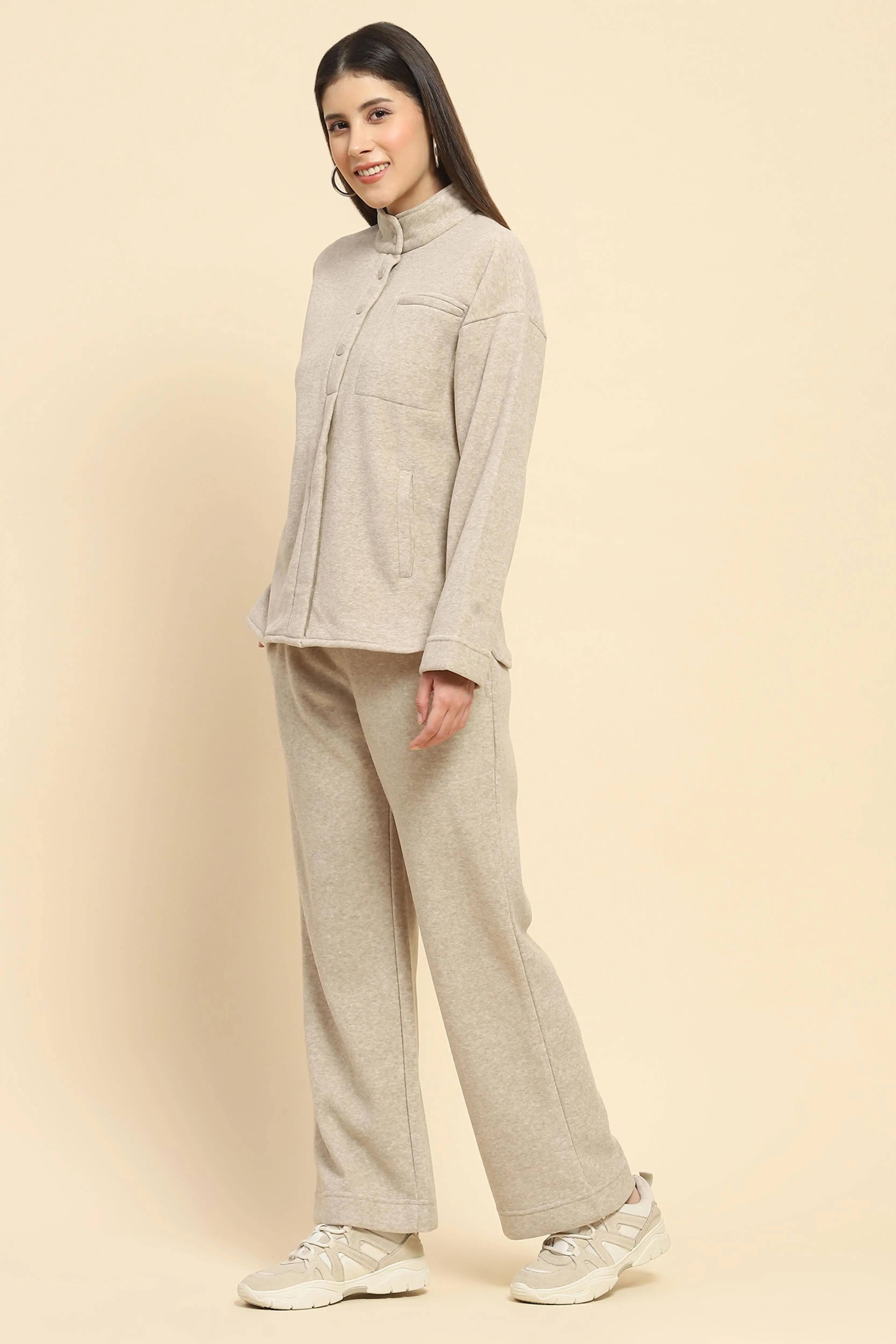 Beige Solid Relaxed Winter Nightsuit - Global Republic