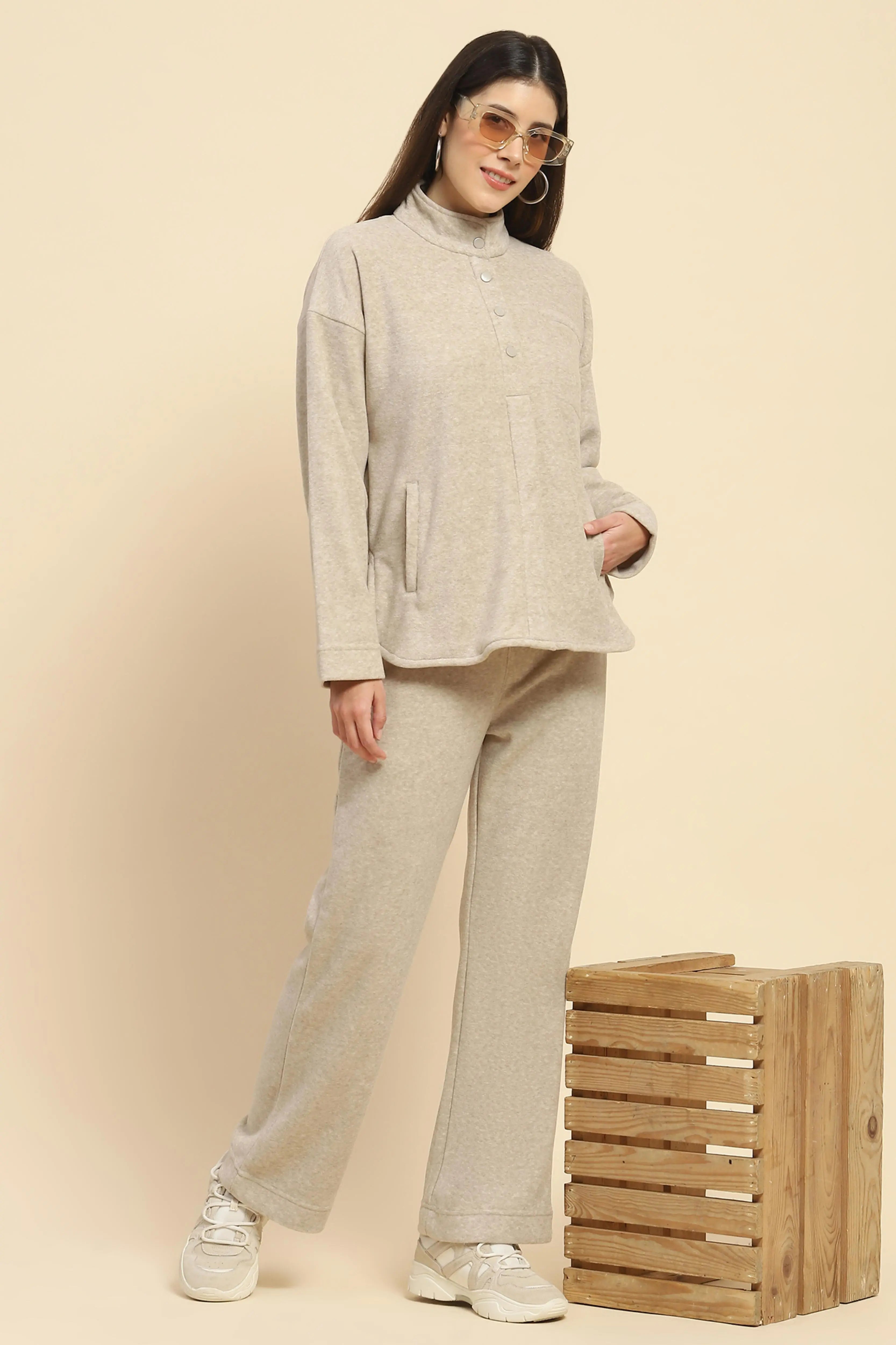 Beige Solid Relaxed Winter Nightsuit - Global Republic