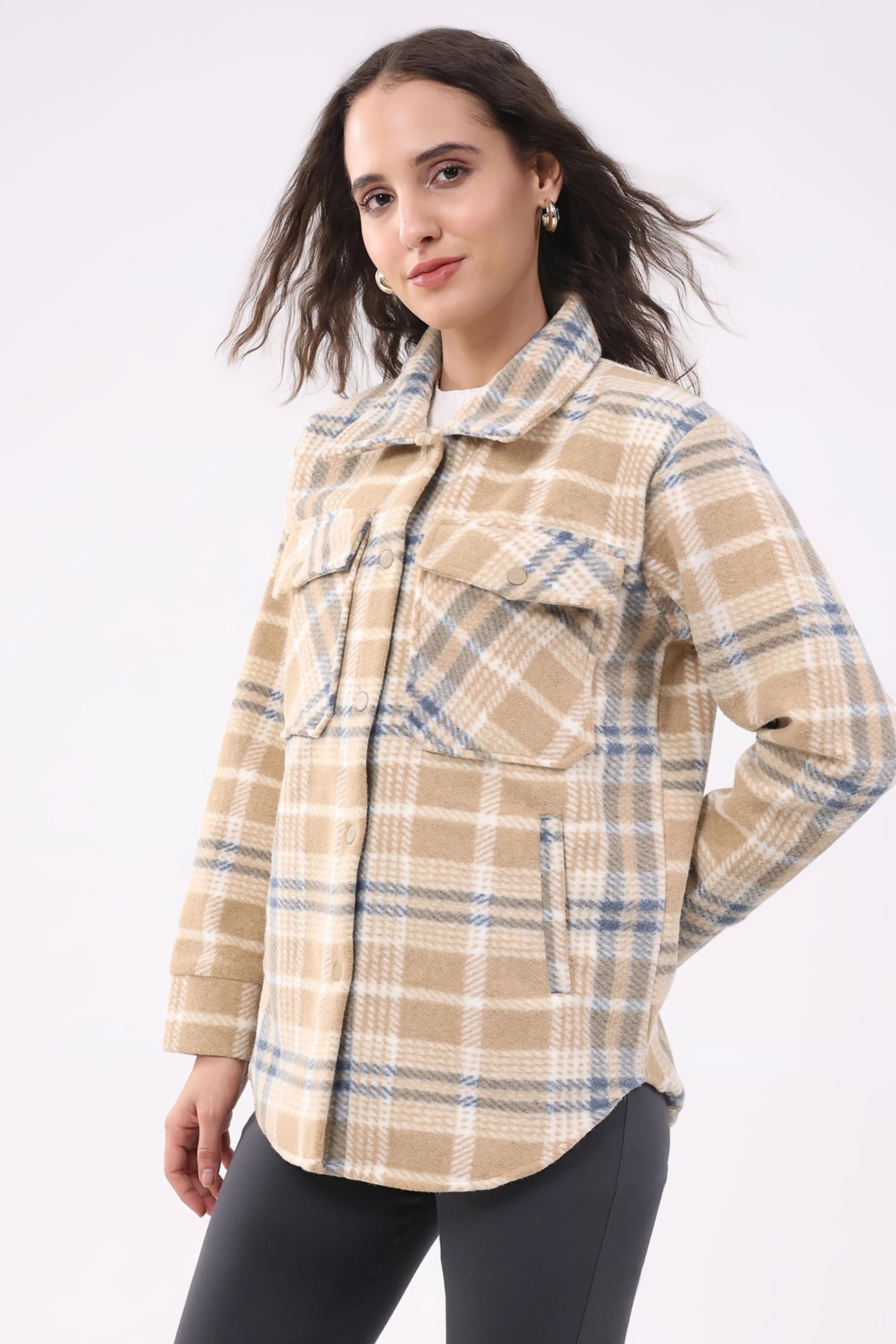 Beige Checked Wool Blend Winter Shacket - Global Republic