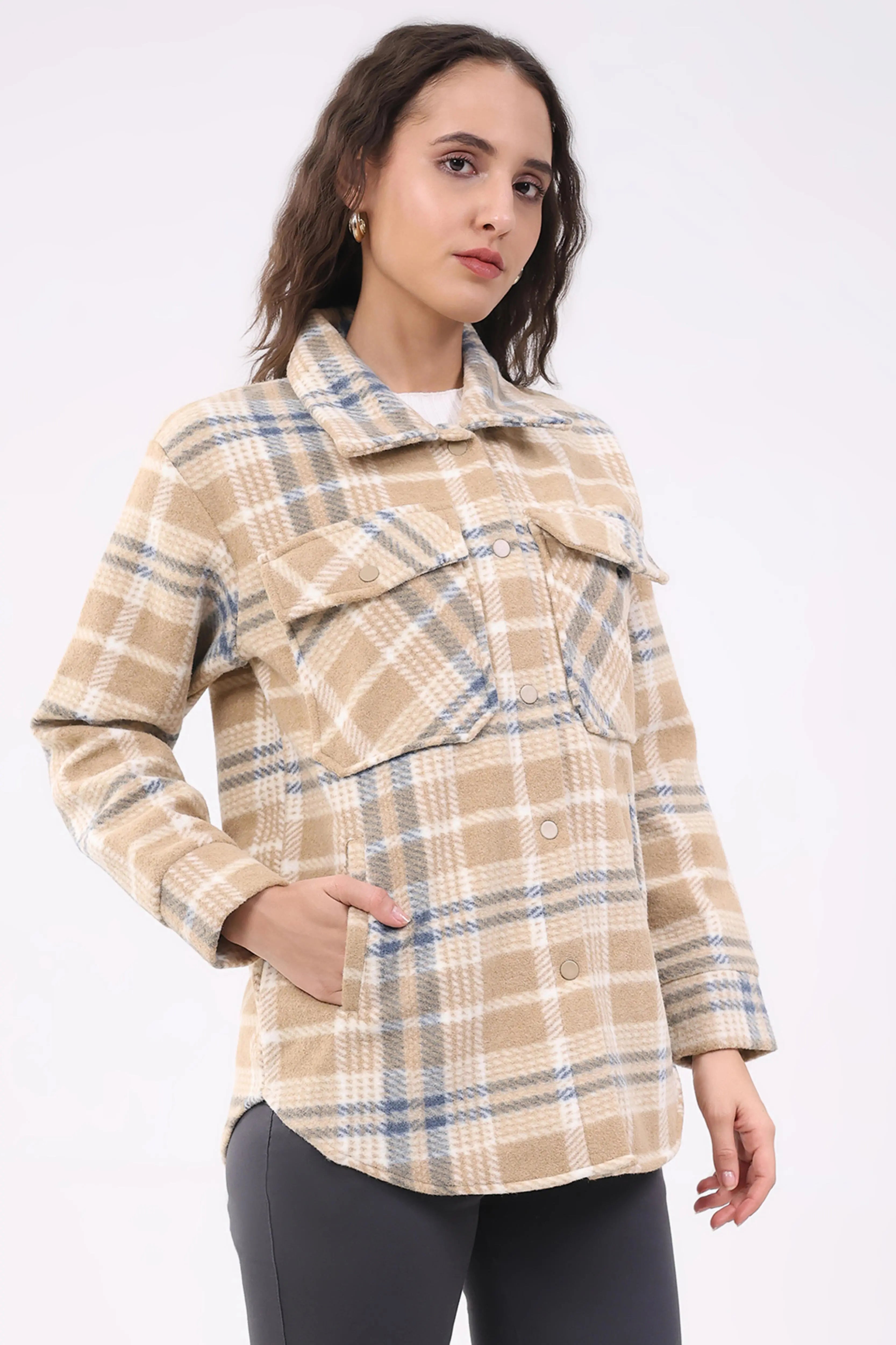 Beige Checked Wool Blend Winter Shacket - Global Republic