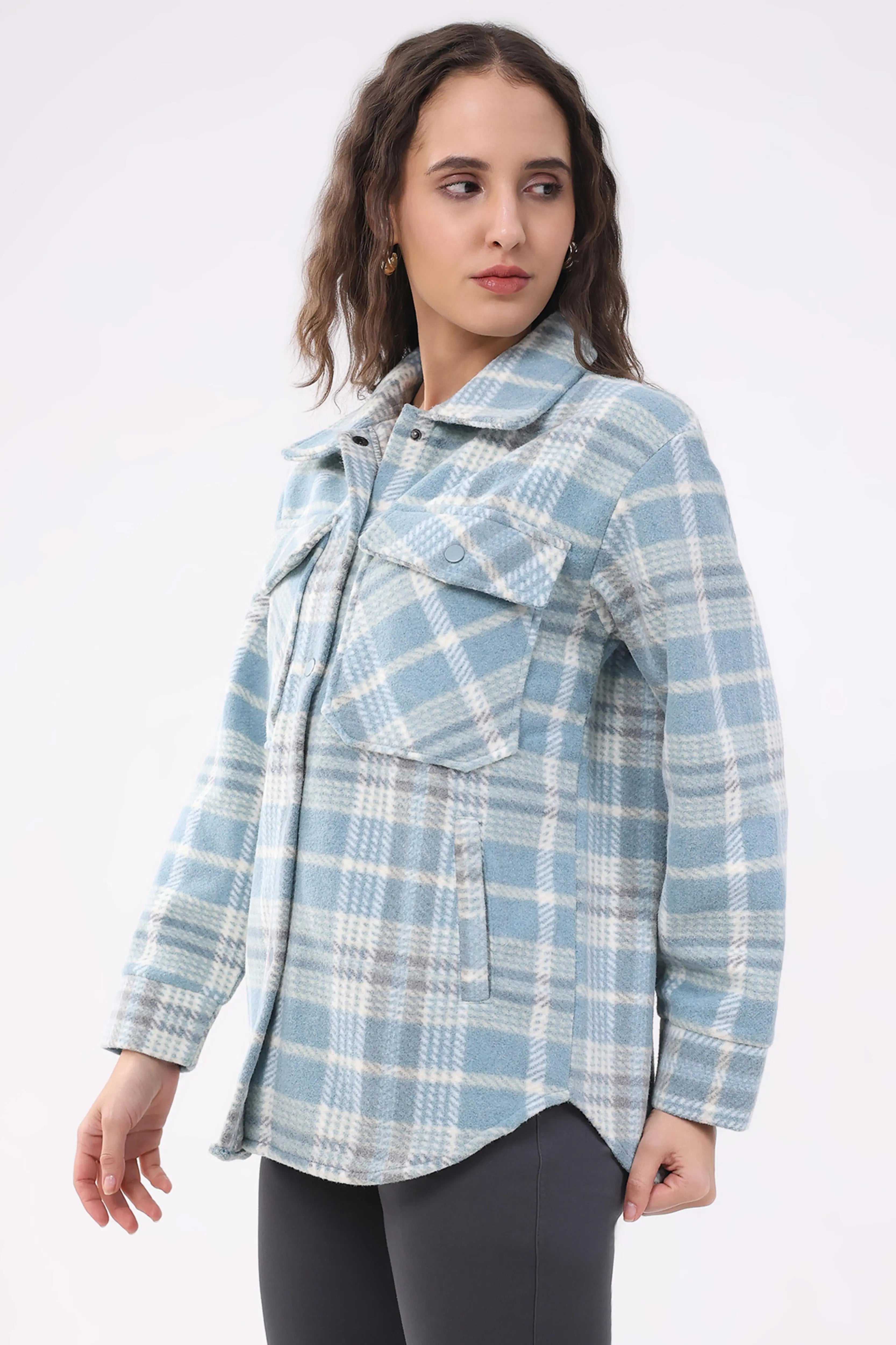 Blue Checked Wool Blend Winter Shacket - Global Republic