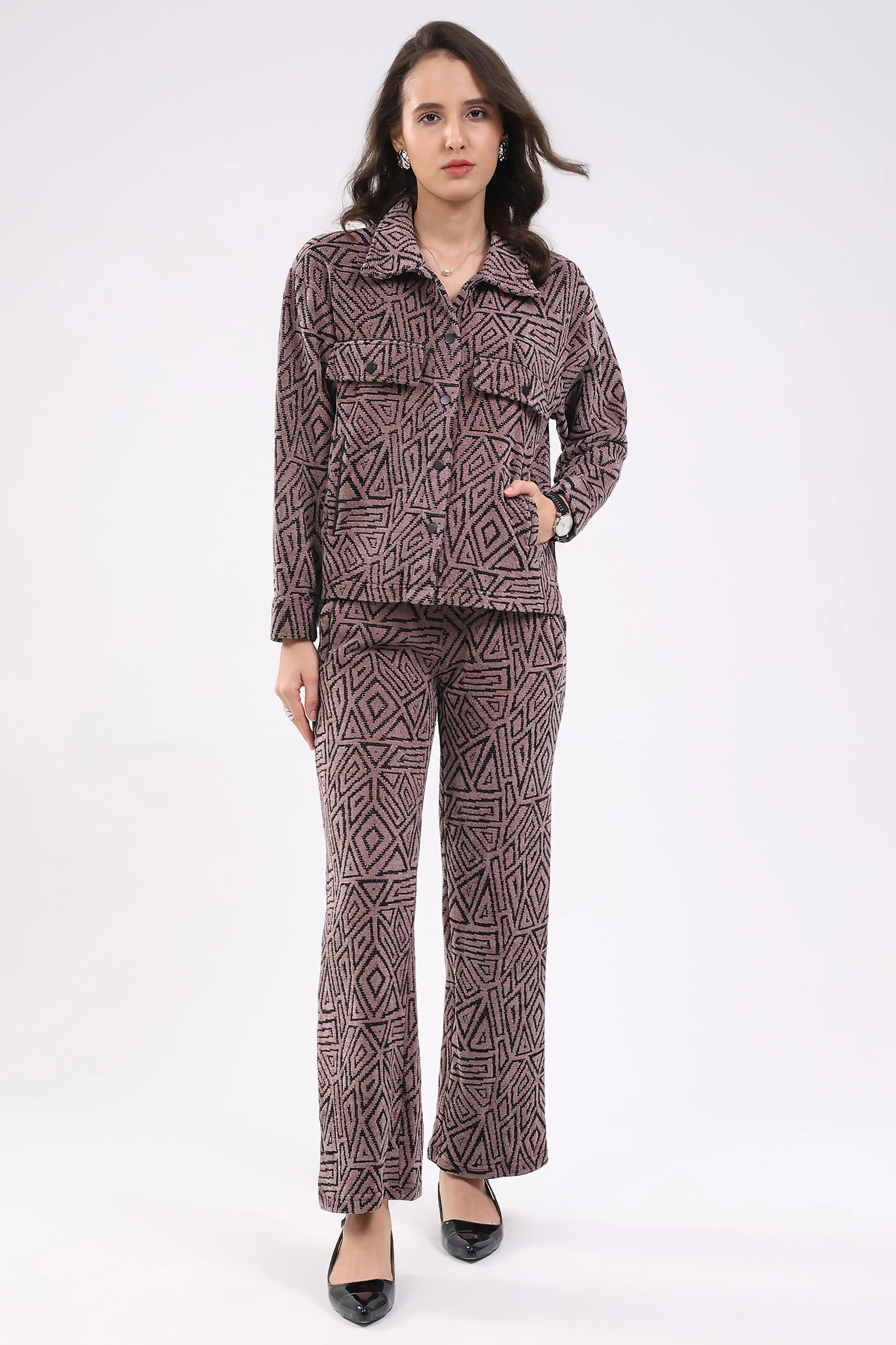 Mauve Wool Blend Winter Co-ord Set - Global Republic