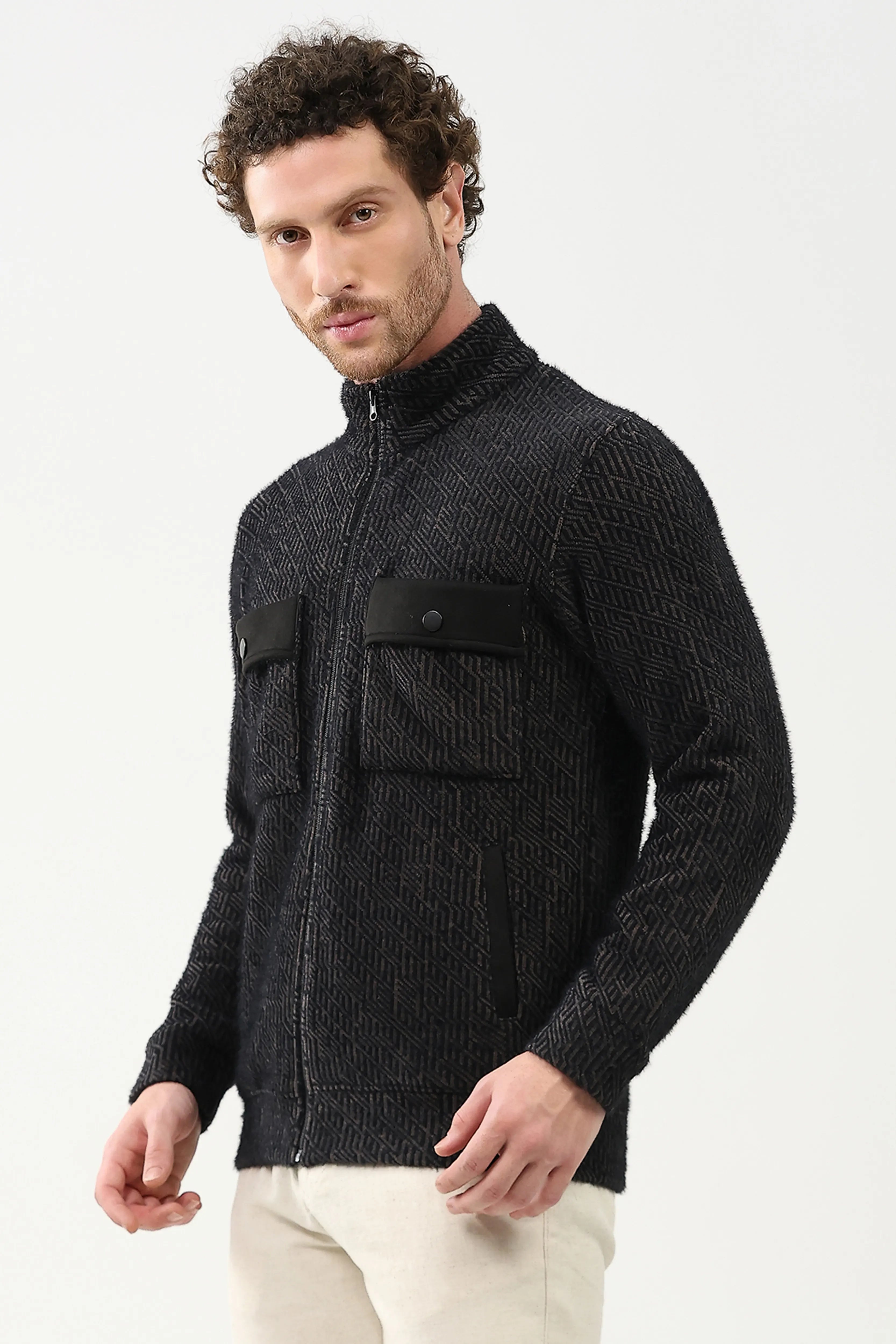 Wool-Blend Stand Collar Jacket