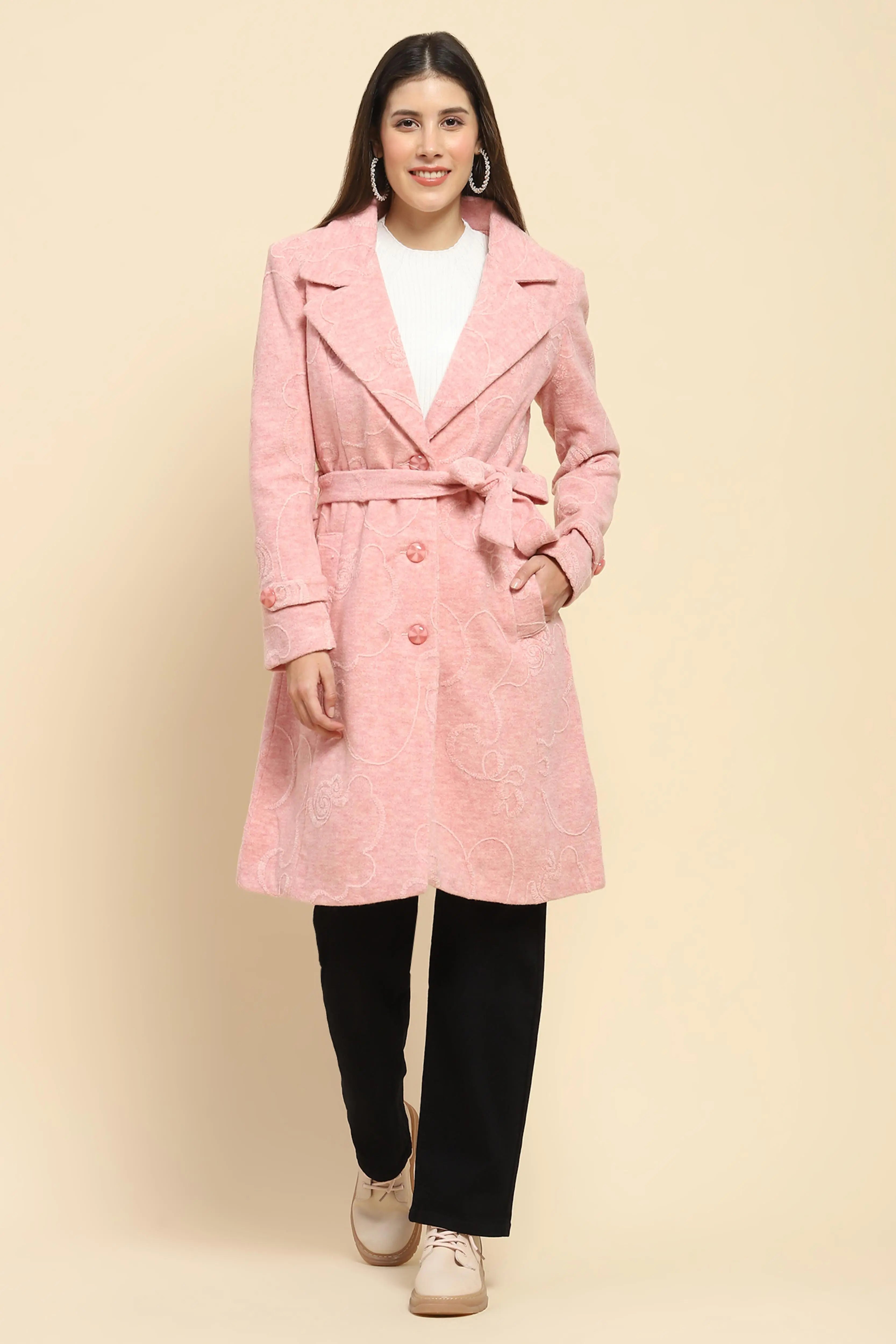 Pink Self Design Long Winter Coat - Global Republic
