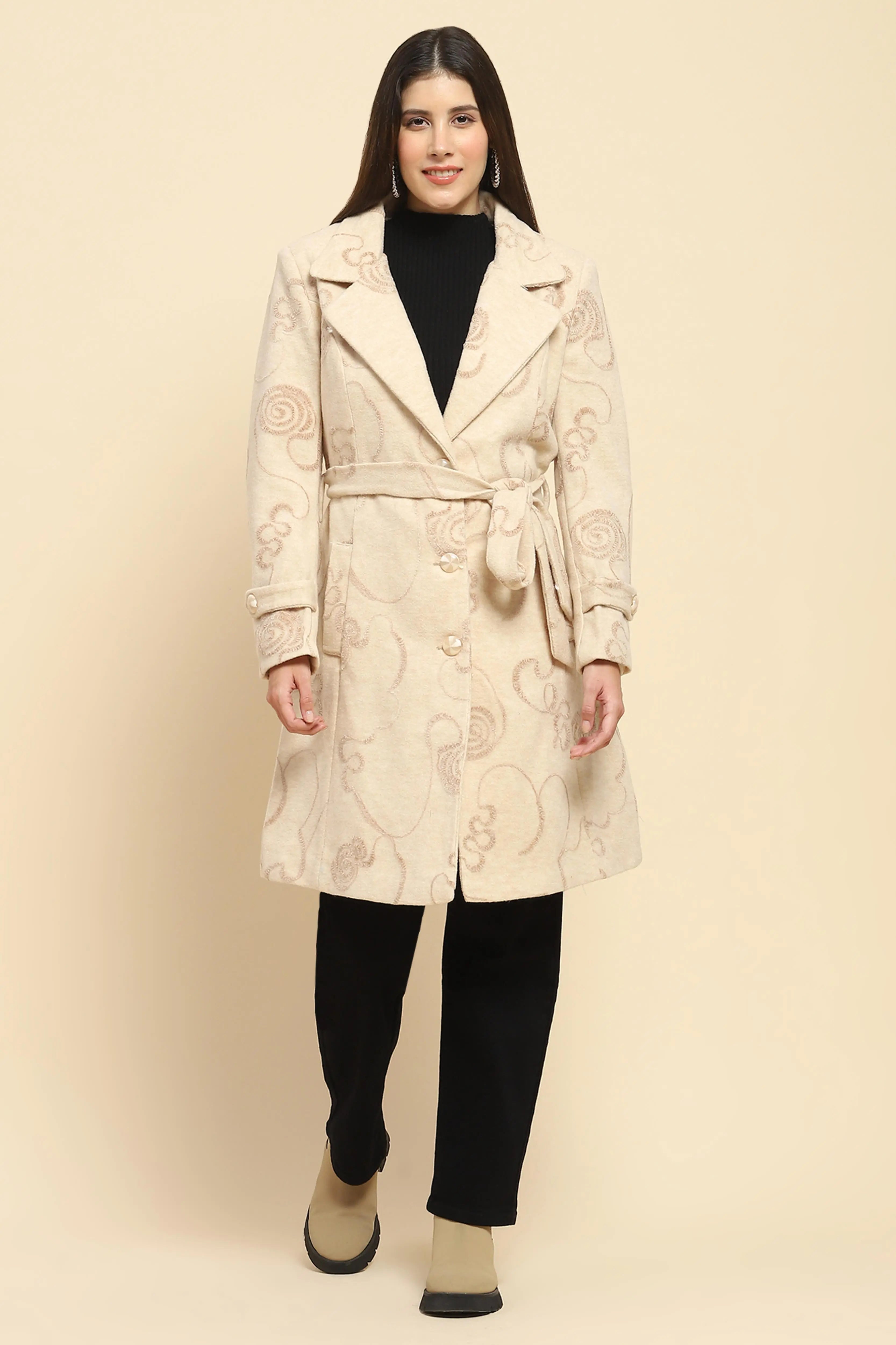 Beige Self Design Long Winter Coat - Global Republic